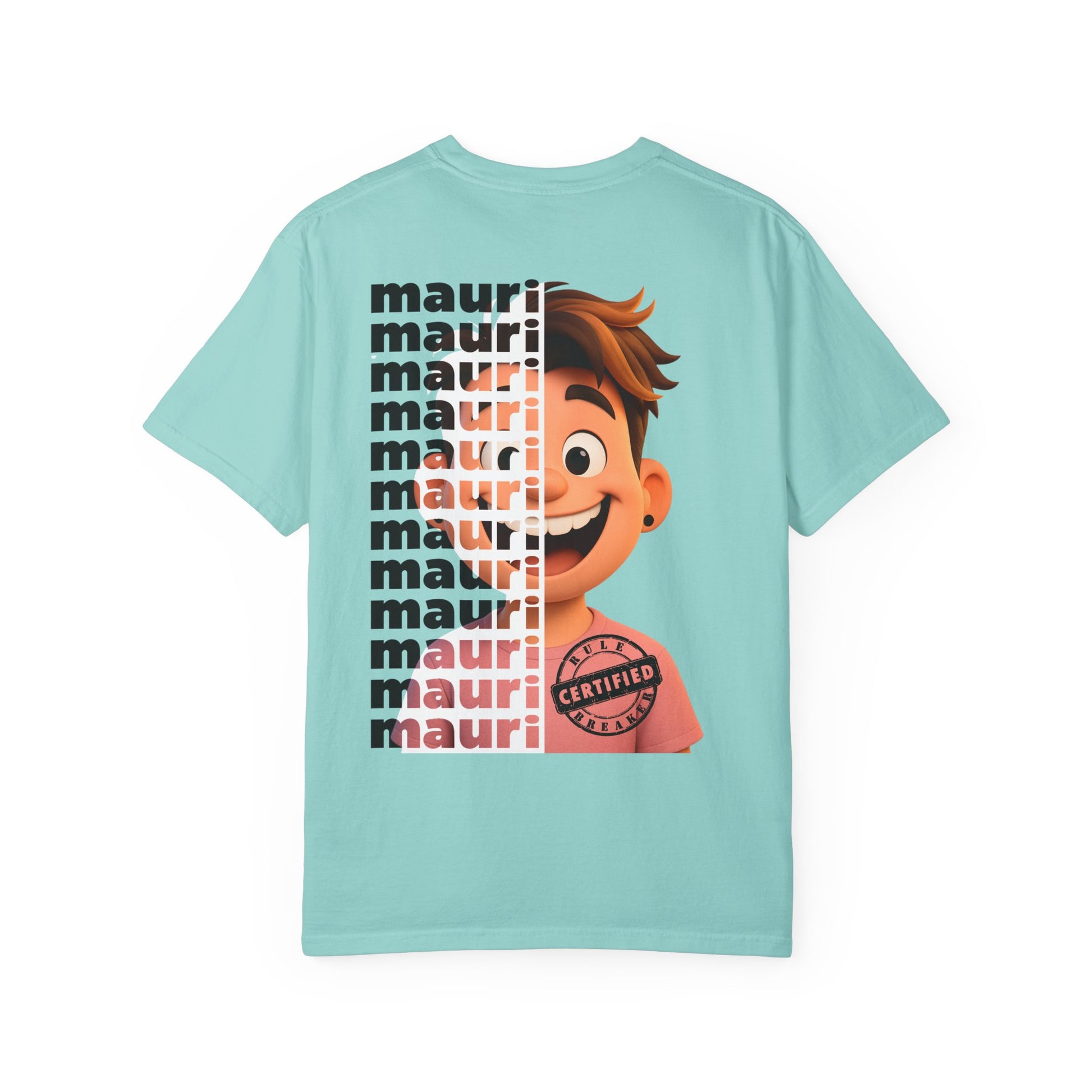 Light blue t-shirt with cartoon character and 'mauri' text on a white background