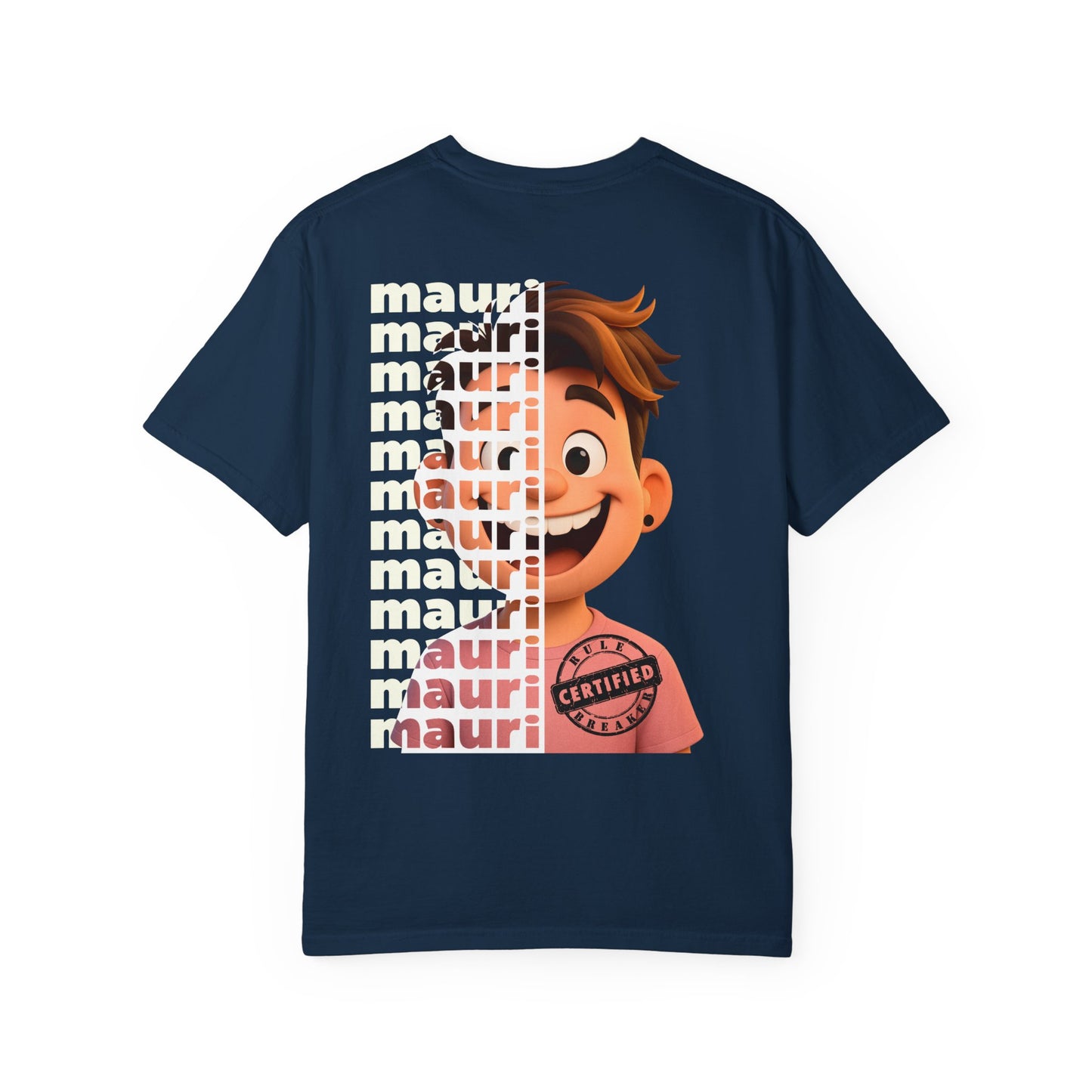 Navy blue t-shirt with cartoon character and 'mauri' branding on a white background