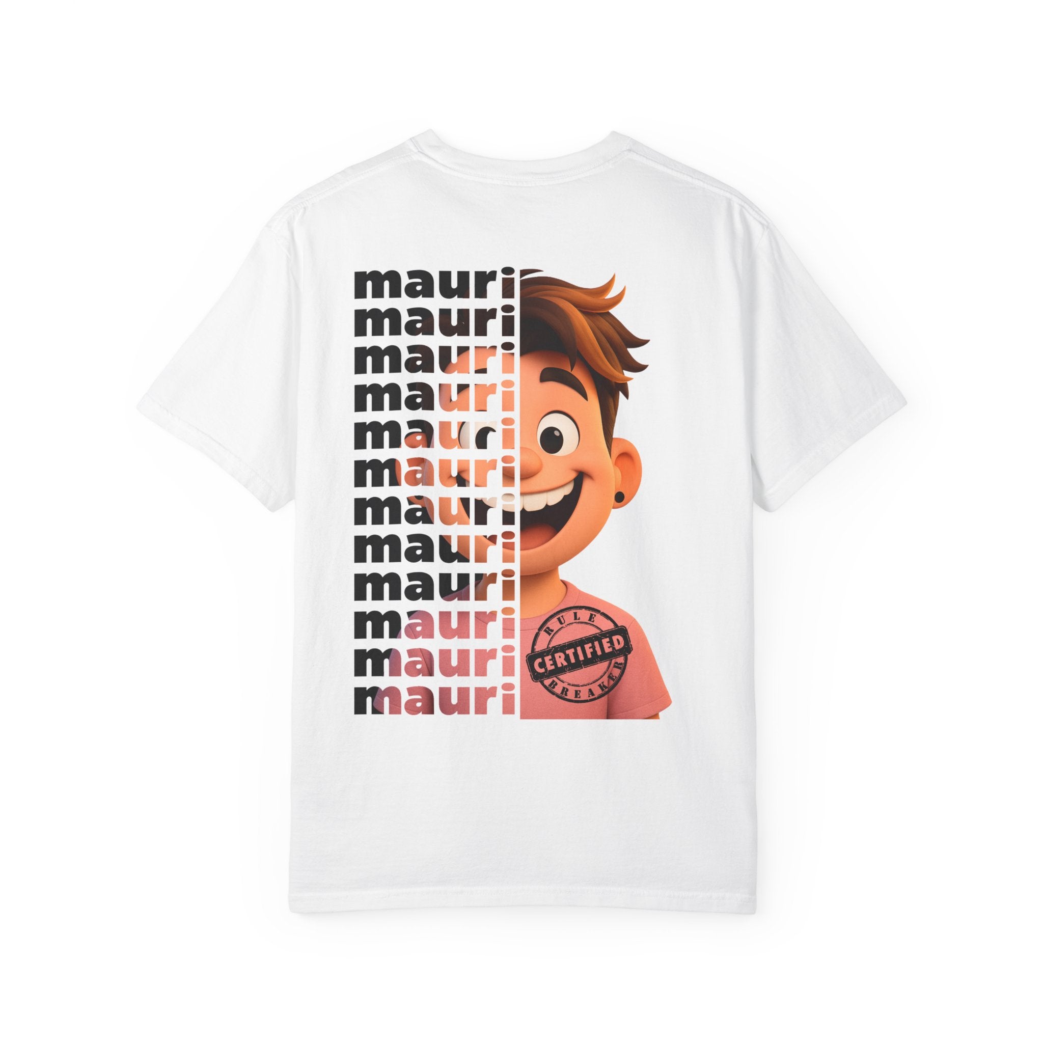 White t-shirt with a character graphic and 'mauri' text on a white background