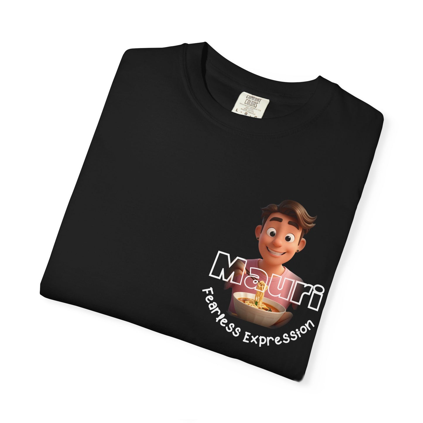 Black t-shirt with a character graphic and text on a white background