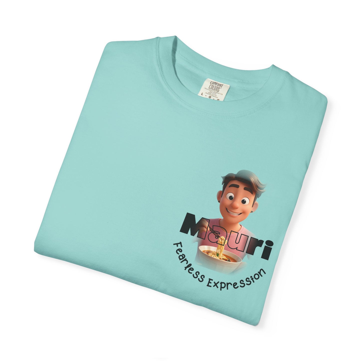 Folded light blue t-shirt with a character graphic and text on a white background