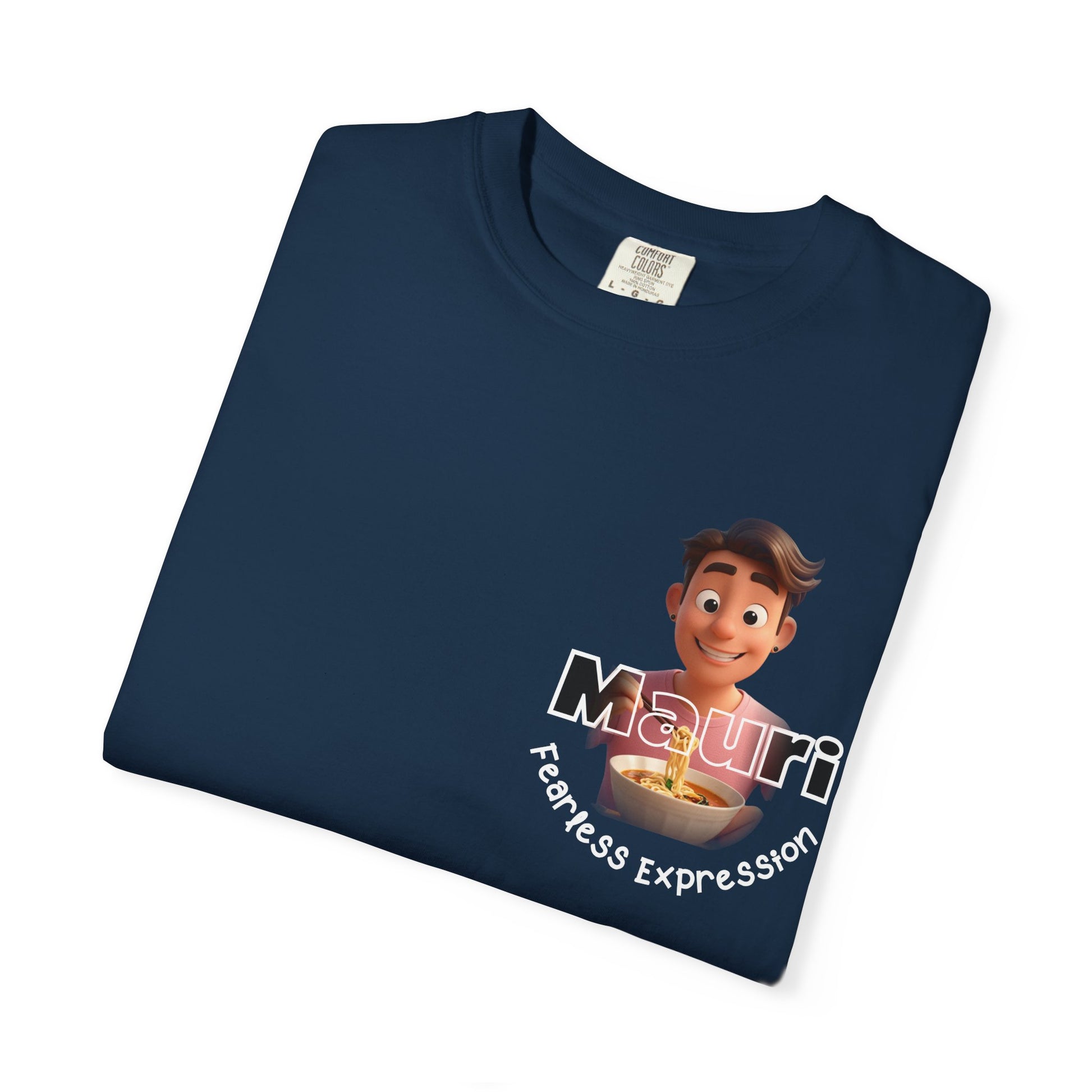 Folded navy blue t-shirt with cartoon character and text on a white background