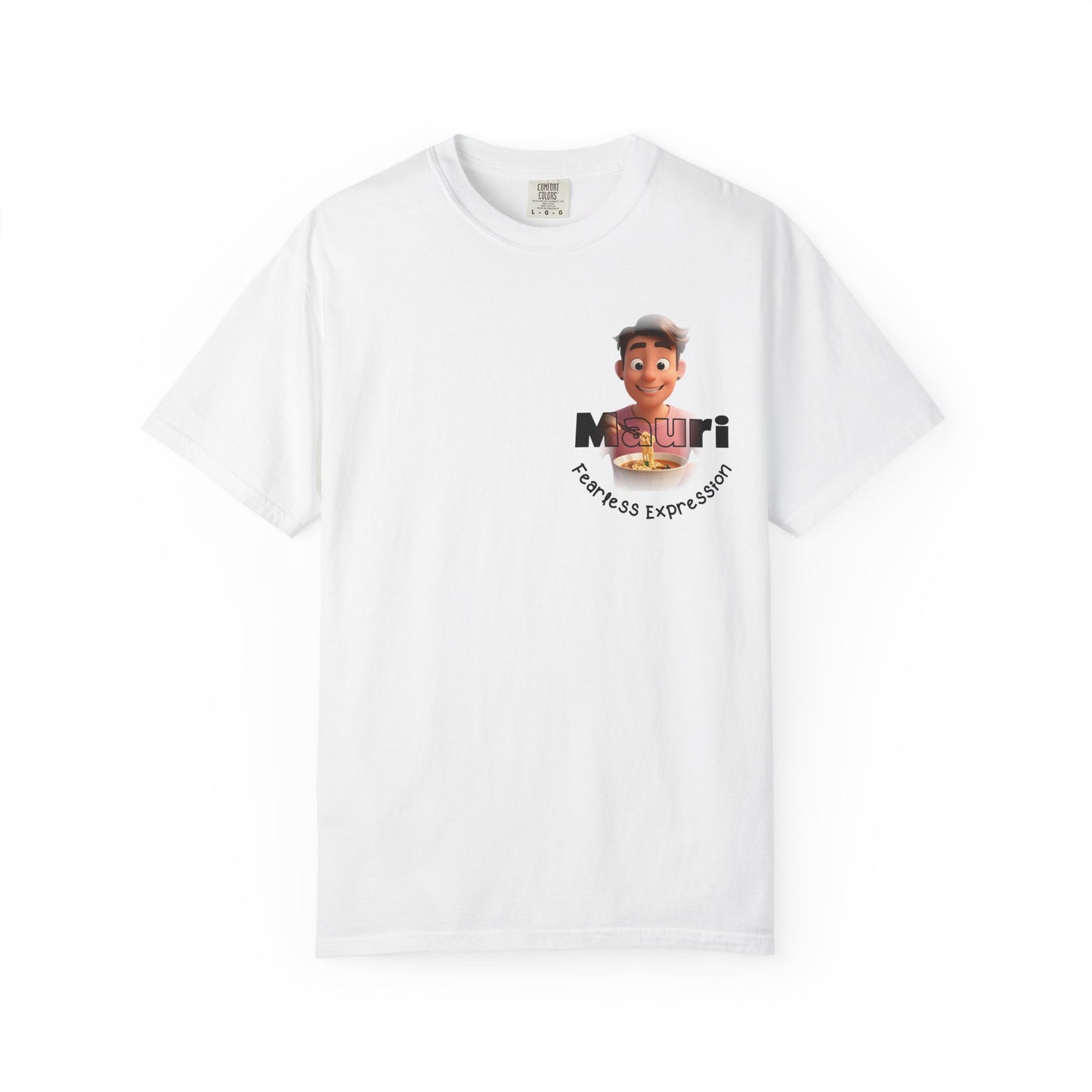 White t-shirt with a graphic of a person and text on a white background