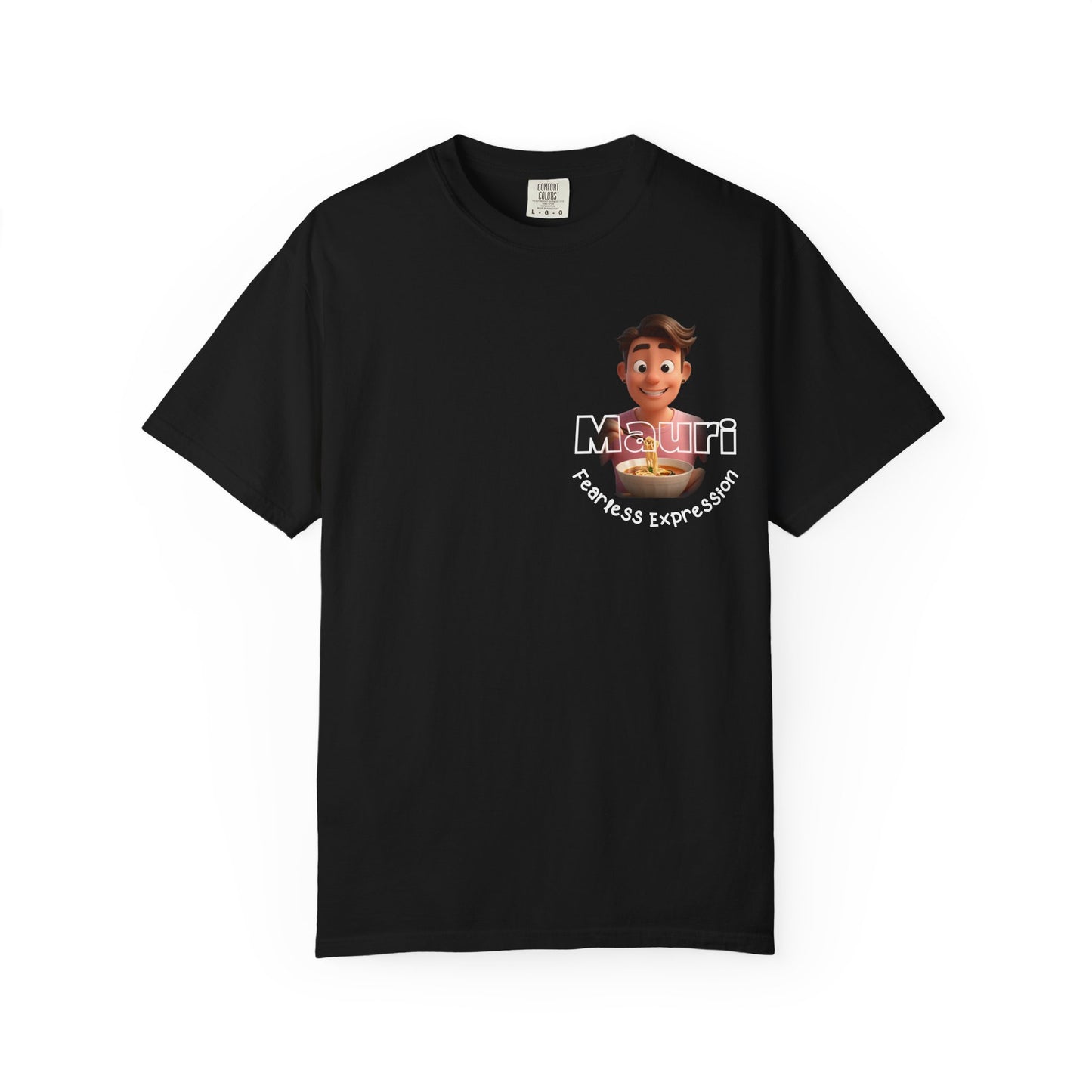Black t-shirt with a graphic of a character and text on a white background