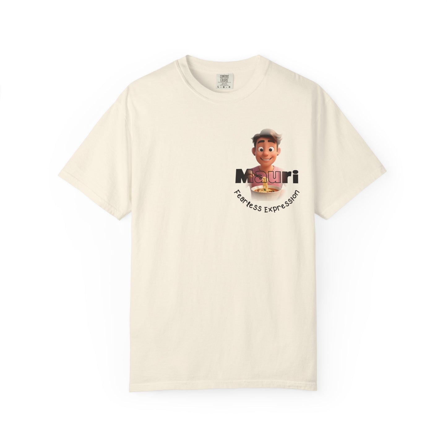Ivory-shirt with a graphic of a person and text on a white background