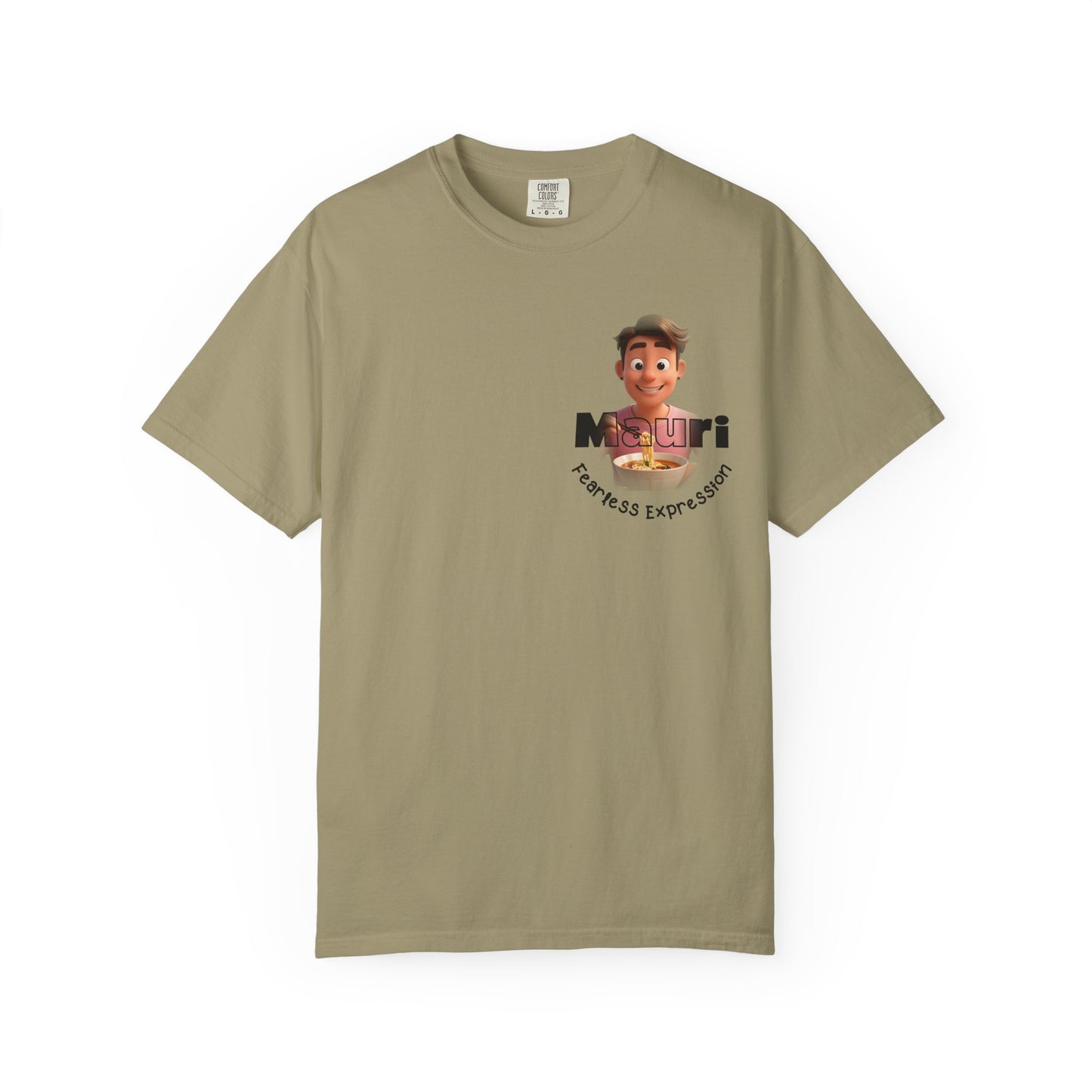 Khaki t-shirt with a graphic of a character and text on a white background
