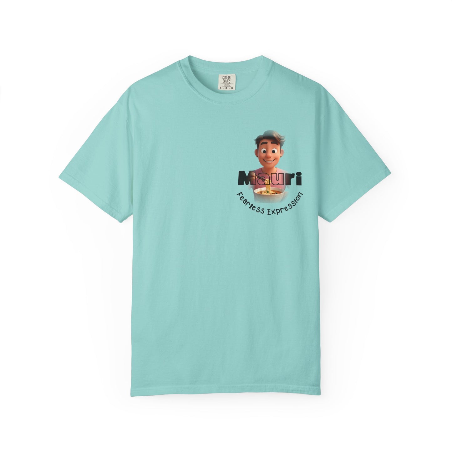 Light blue t-shirt with a graphic of a person and text on a white background