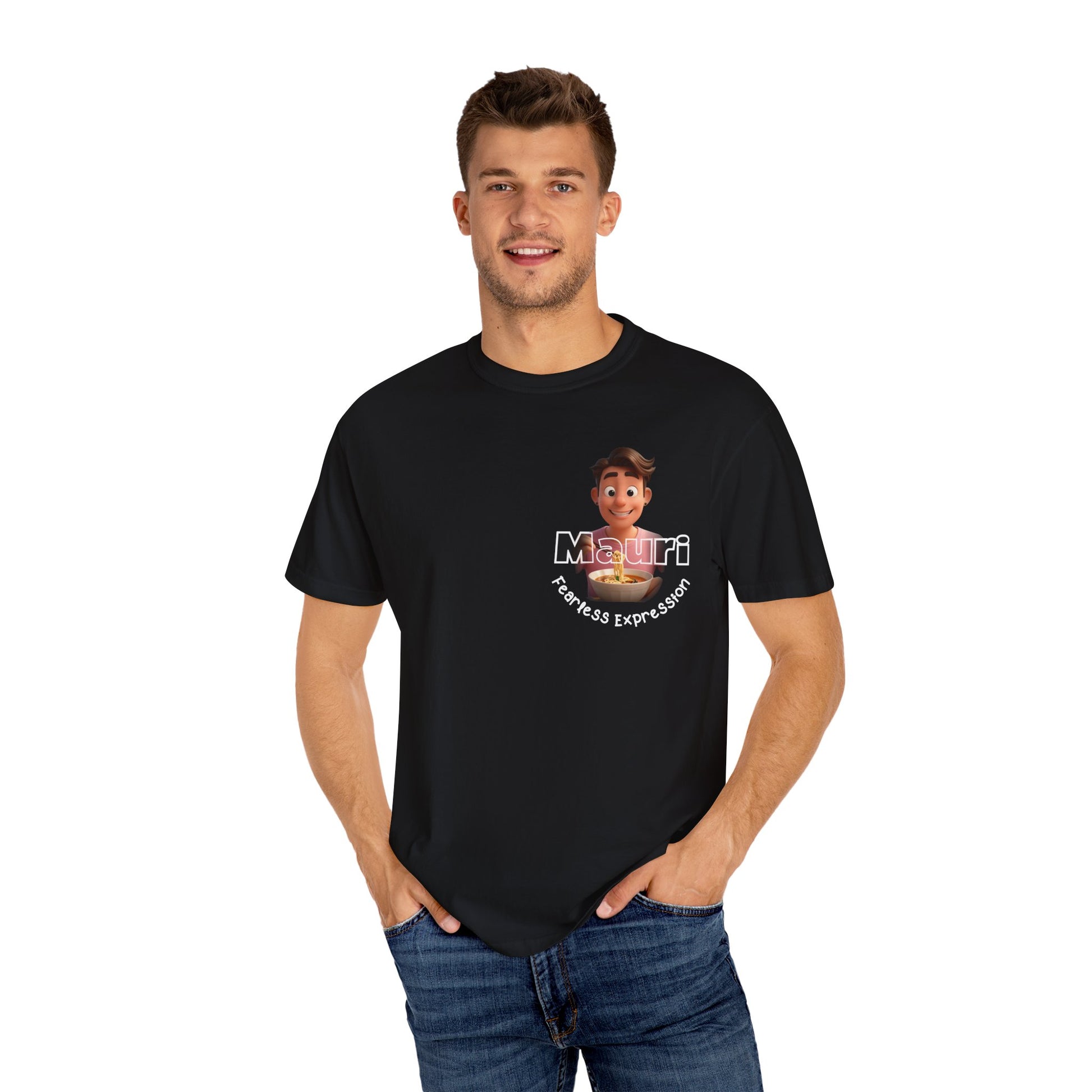 Man wearing a black t-shirt with a graphic design on a white background