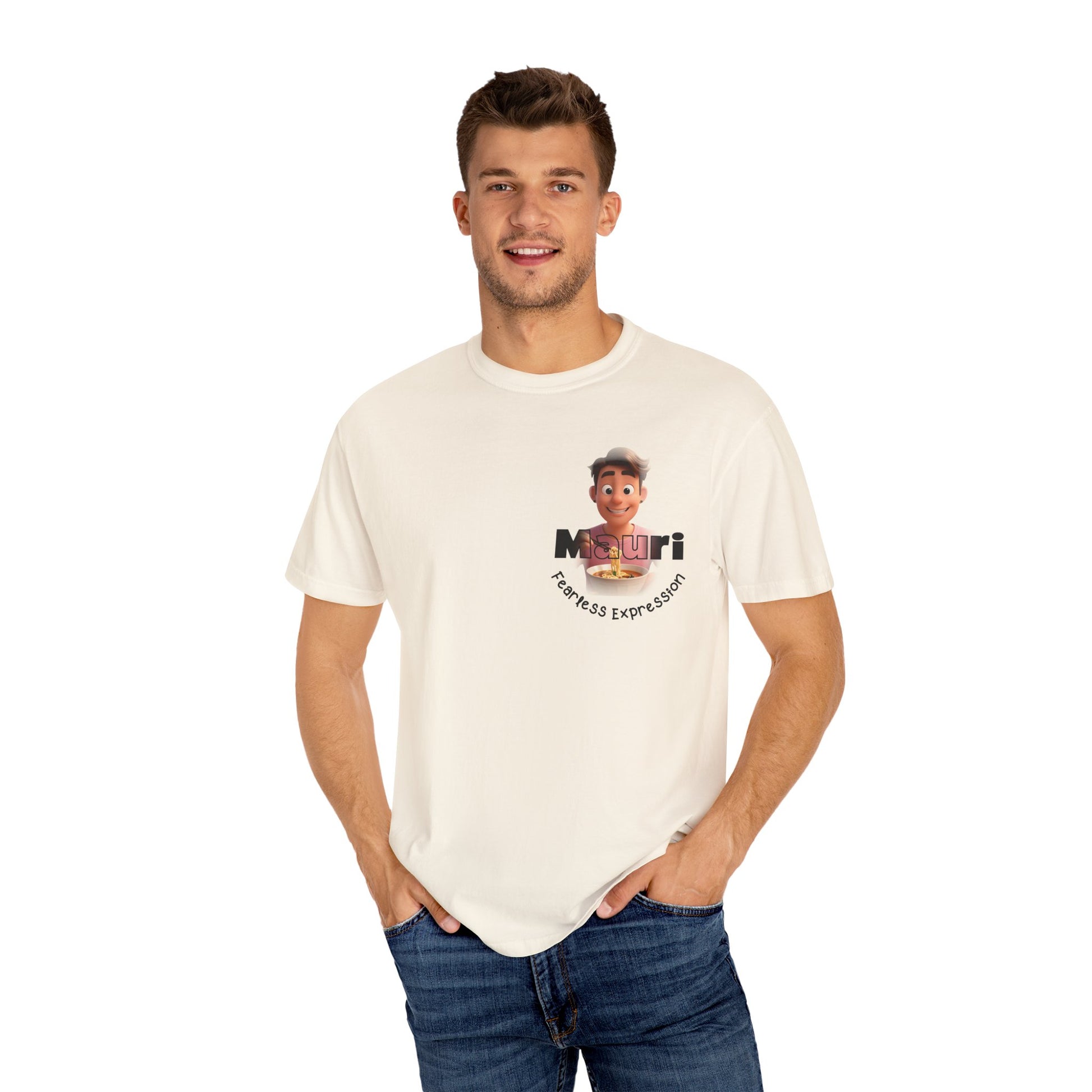 Man wearing a Ivory t-shirt with a graphic design on a white background