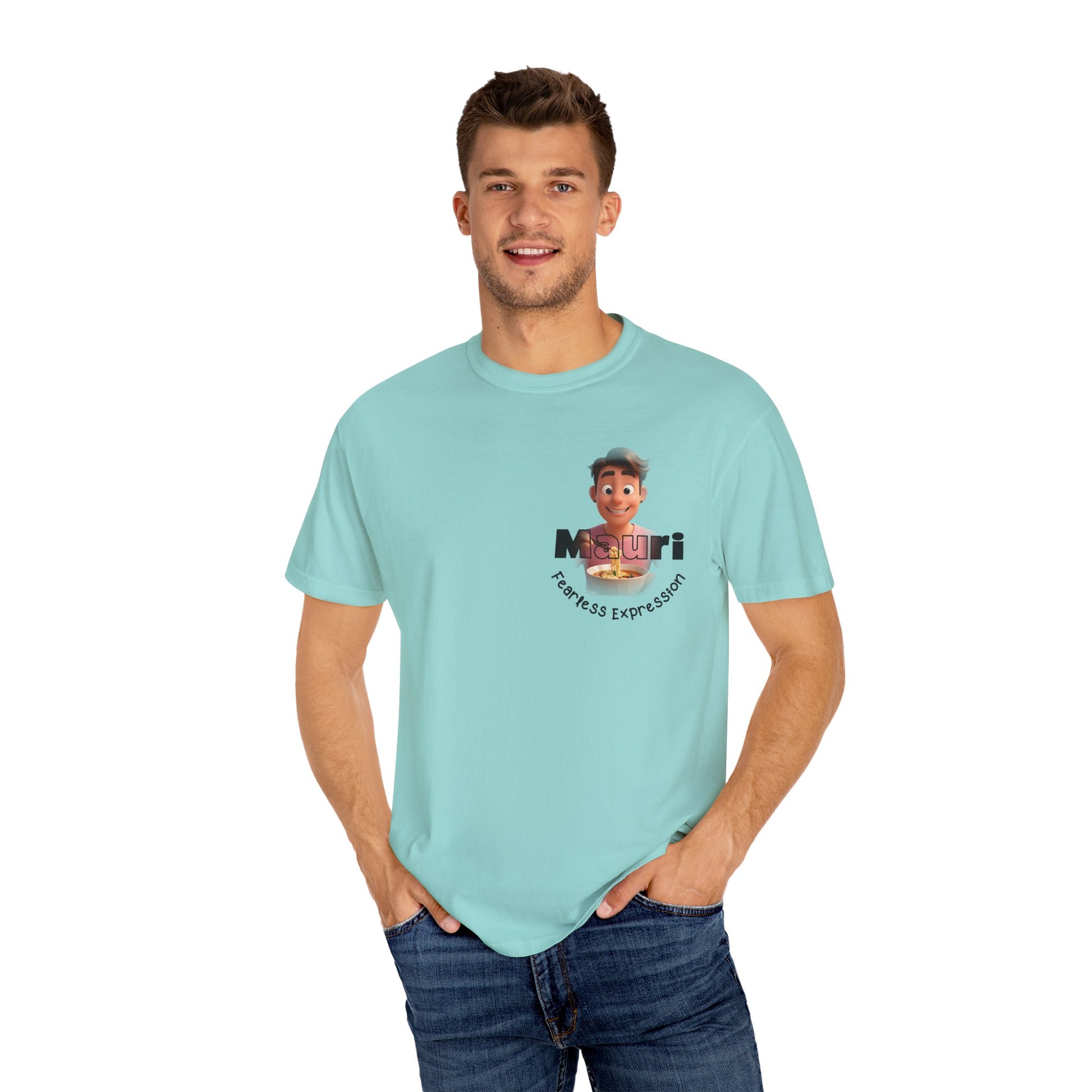 Man wearing a light blue t-shirt with a graphic design on a white background
