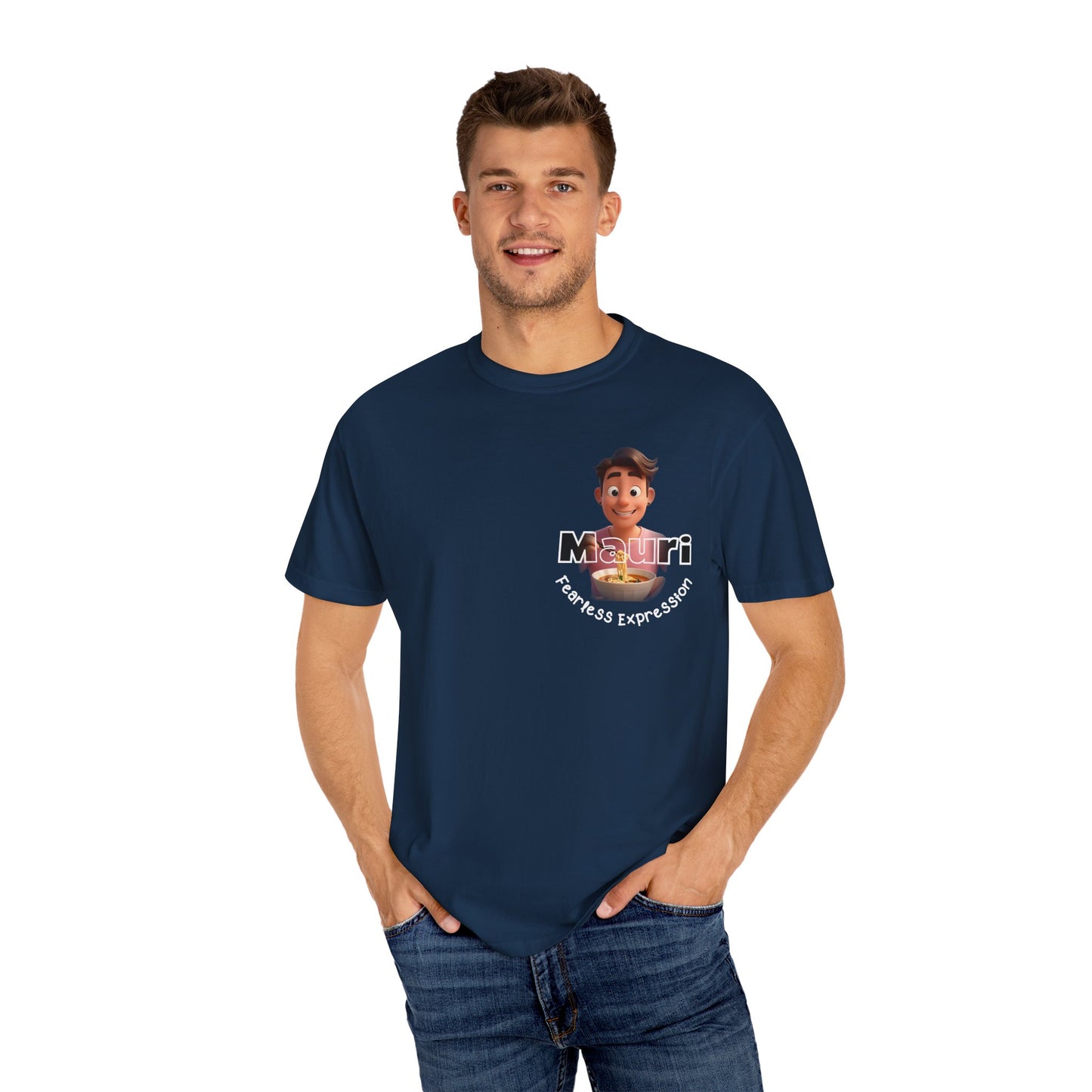 Man wearing a navy blue t-shirt with a graphic design on a white background