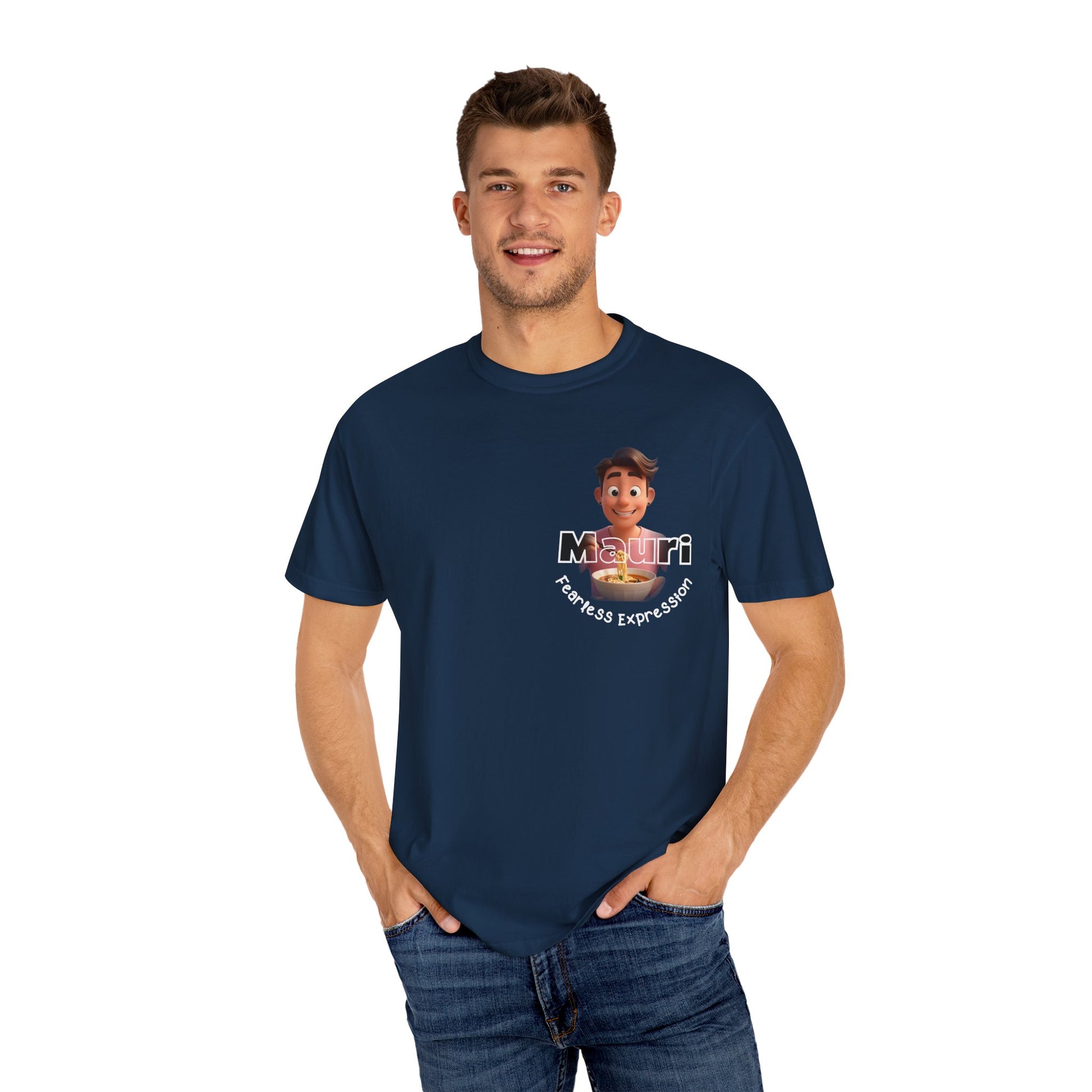 Man wearing a navy blue t-shirt with a graphic design on a white background