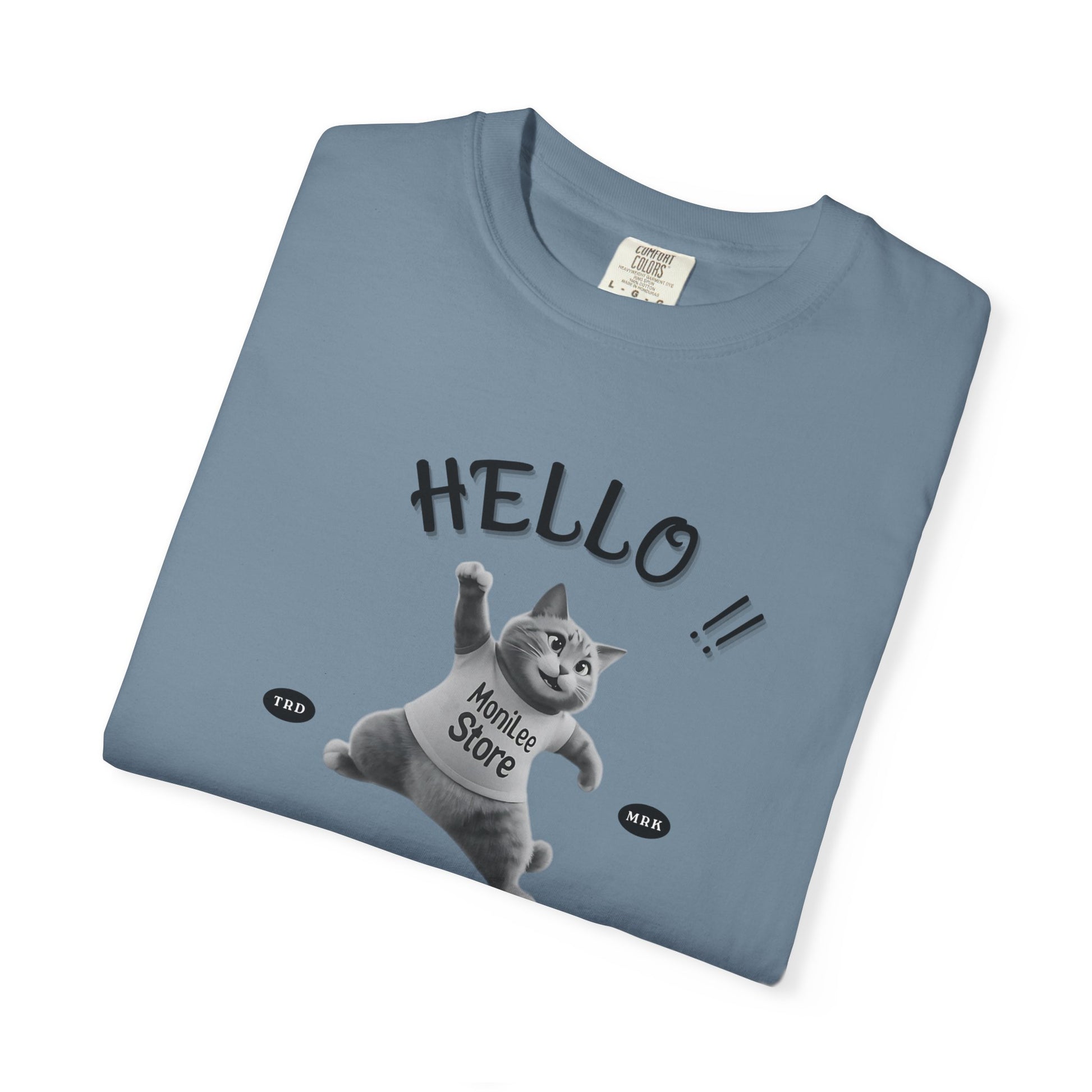 Moni Lee Cat Folded. Ice Blue short sleeved Tee.
