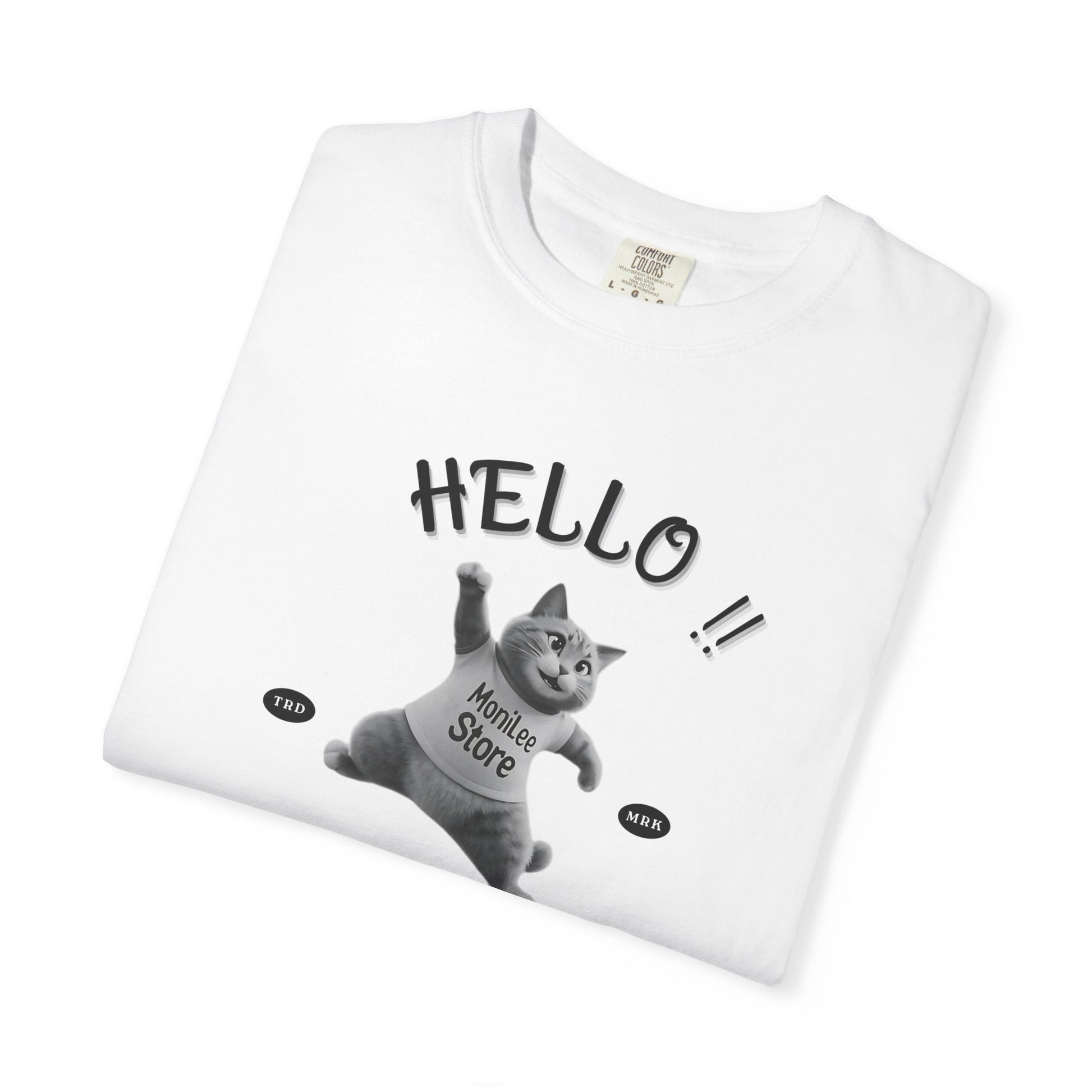Moni Lee Cat Folded. White short sleeved Tee.