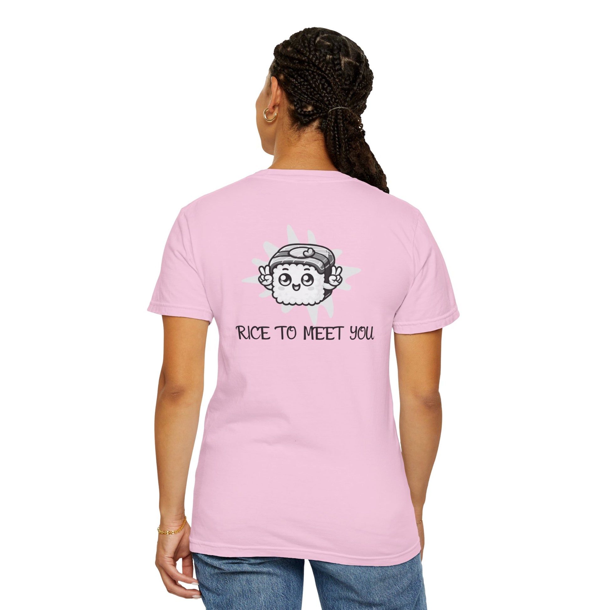 Moni_Lee_Cat_Tee._Blossom. Printed Rice to meet you. woman facing back 