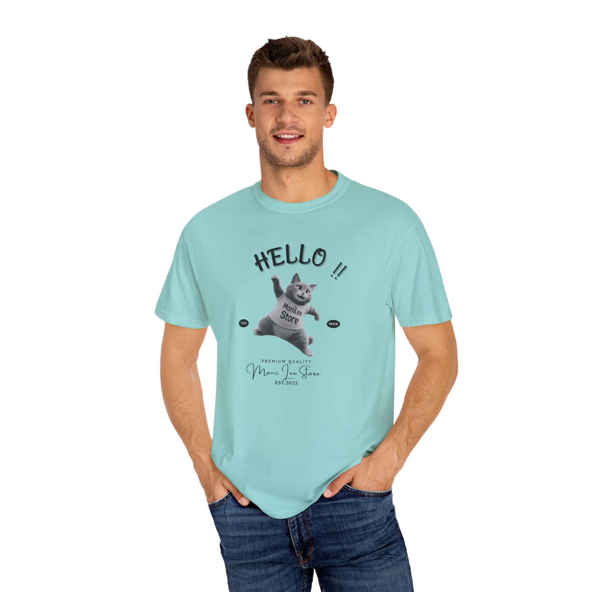 Moni_Lee_Cat_Chalky mint Tee. Man model one