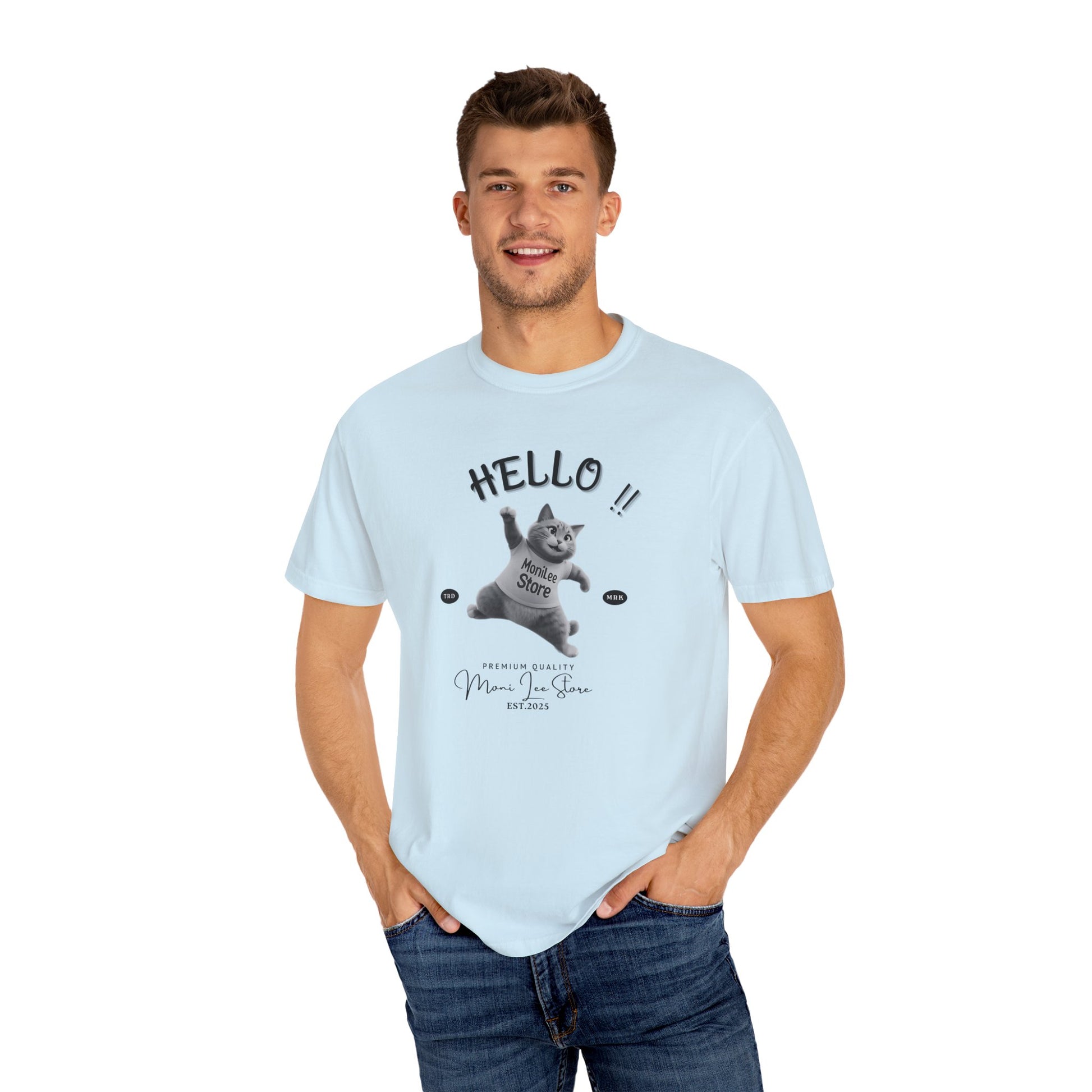 Moni_Lee_Cat_Chambray  Tee. Man model one