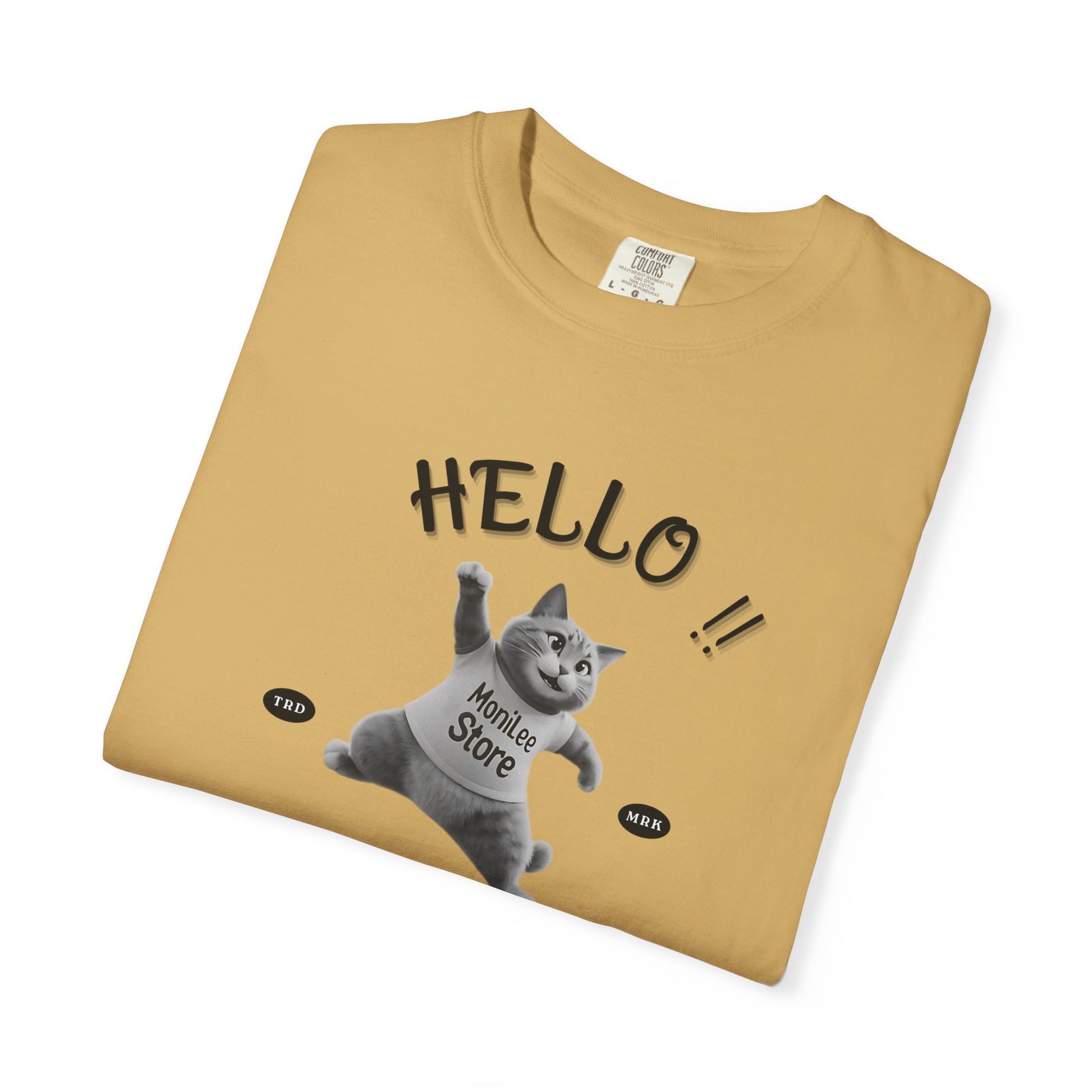 Moni Lee Cat Folded. Mustard short sleeved Tee.