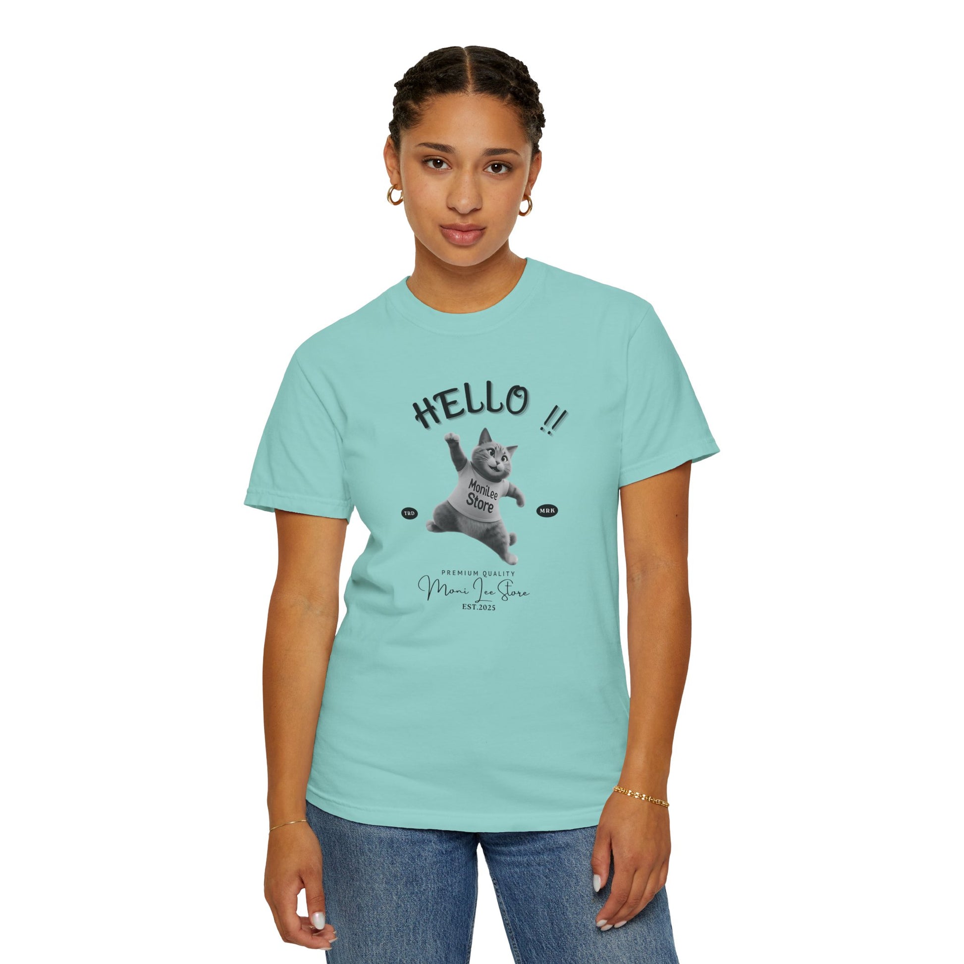 Moni_Lee_Cat_chalky mint Tee. woman model one