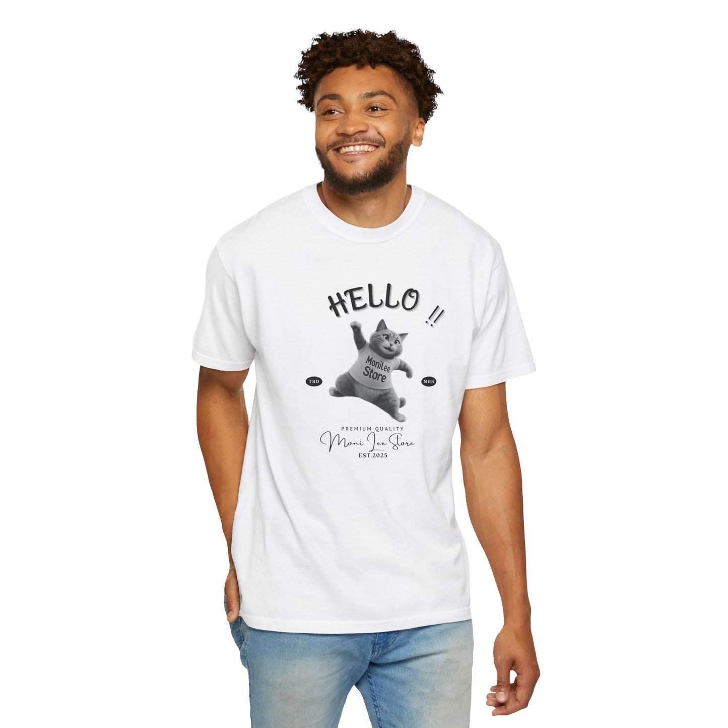 Moni_Lee_Cat_Playful tee._white. Man model two