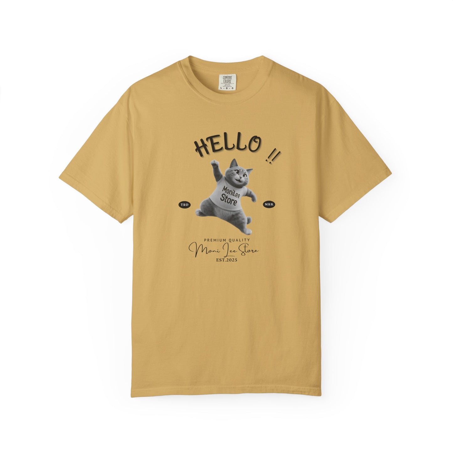 Moni Lee Cat printed on the front. Mustard short sleeved Tee.