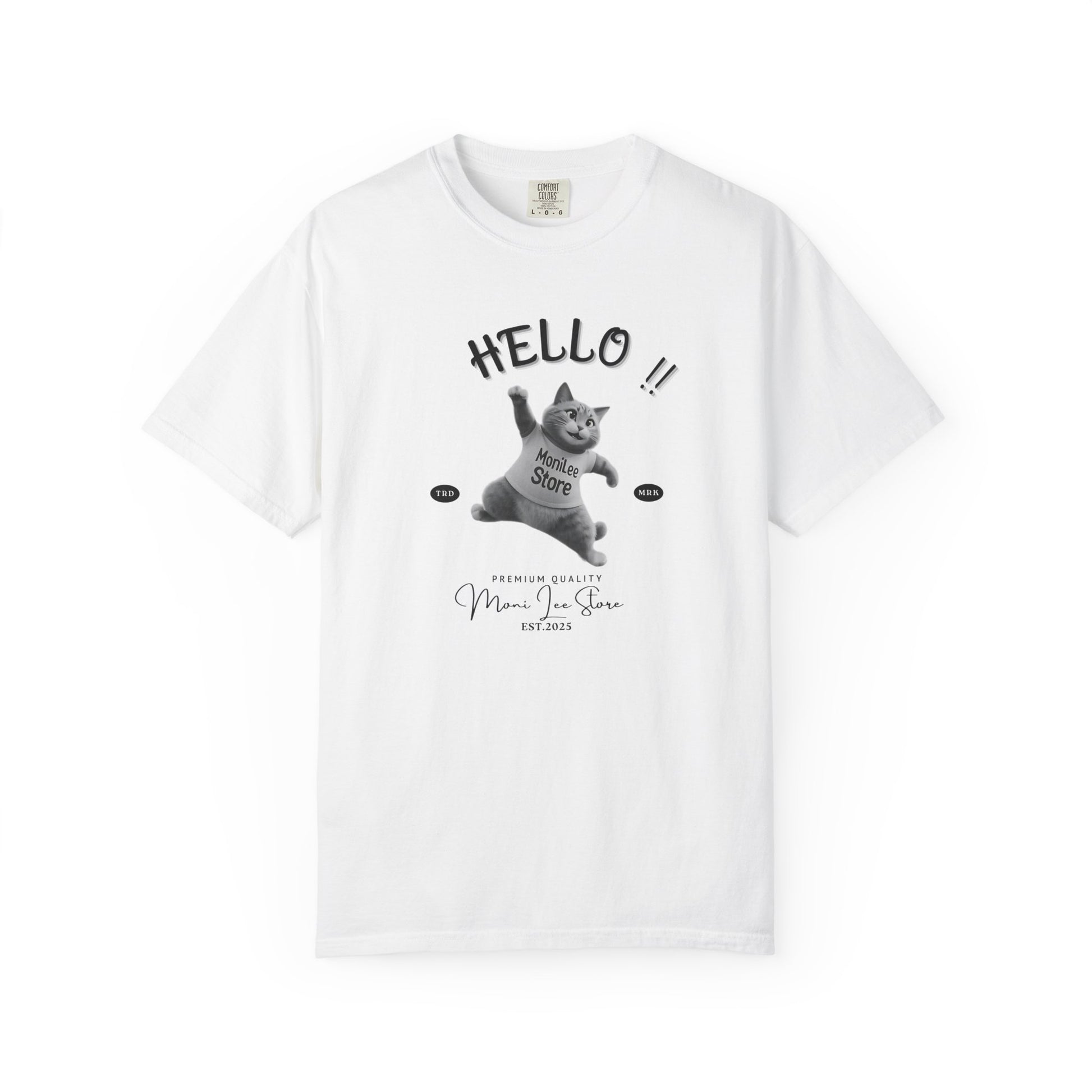 Moni Lee Cat printed on the front. White short sleeved Tee.