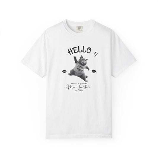 Moni Lee Cat printed on the front. White short sleeved Tee.