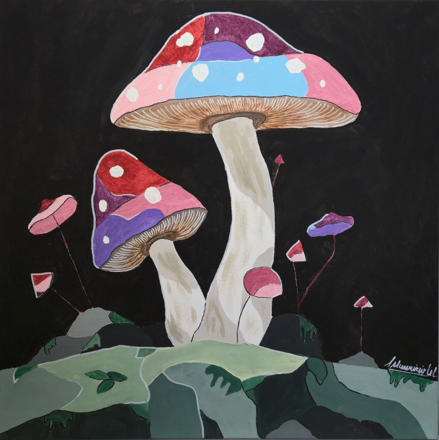Colorful mushroom illustration on a dark background