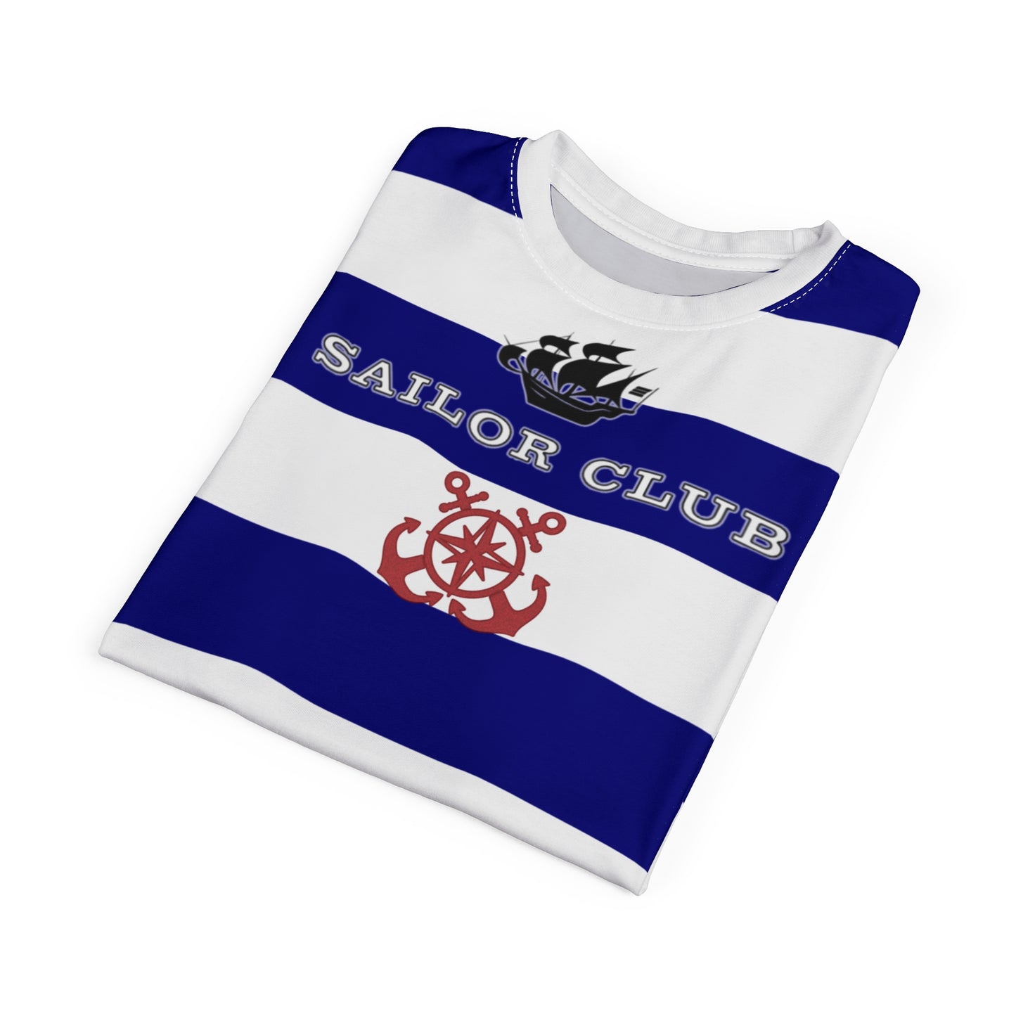 Folded t-shirt with 'Sailor Club' design on a white background