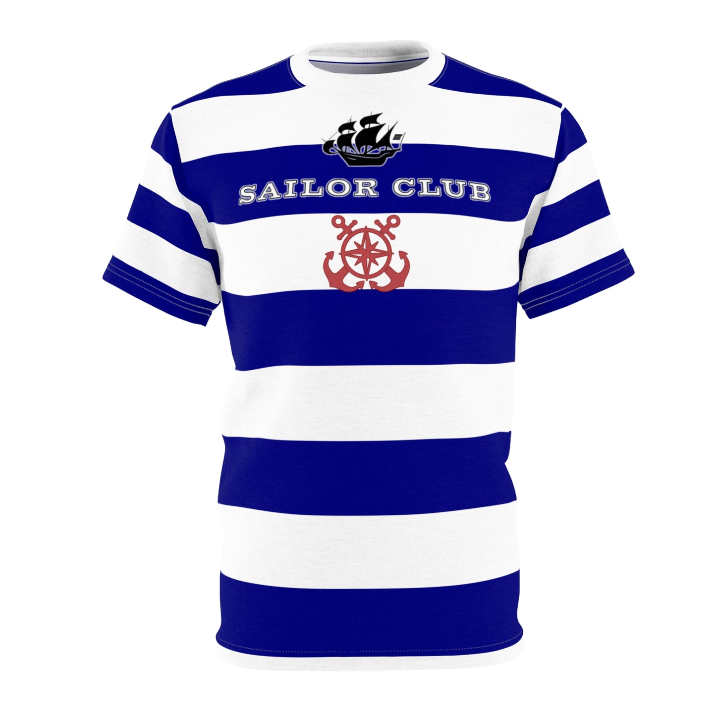 Blue and white striped shirt with 'Sailor Club' text and anchor design on a white background
