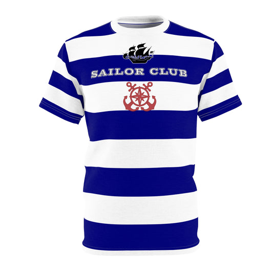 Blue and white striped shirt with 'Sailor Club' text and anchor design on a white background