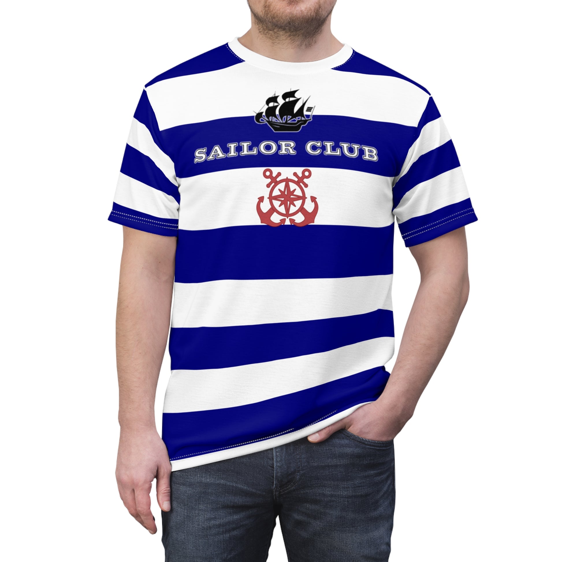 Person wearing a blue and white striped 'Sailor Club' t-shirt with a ship logo.