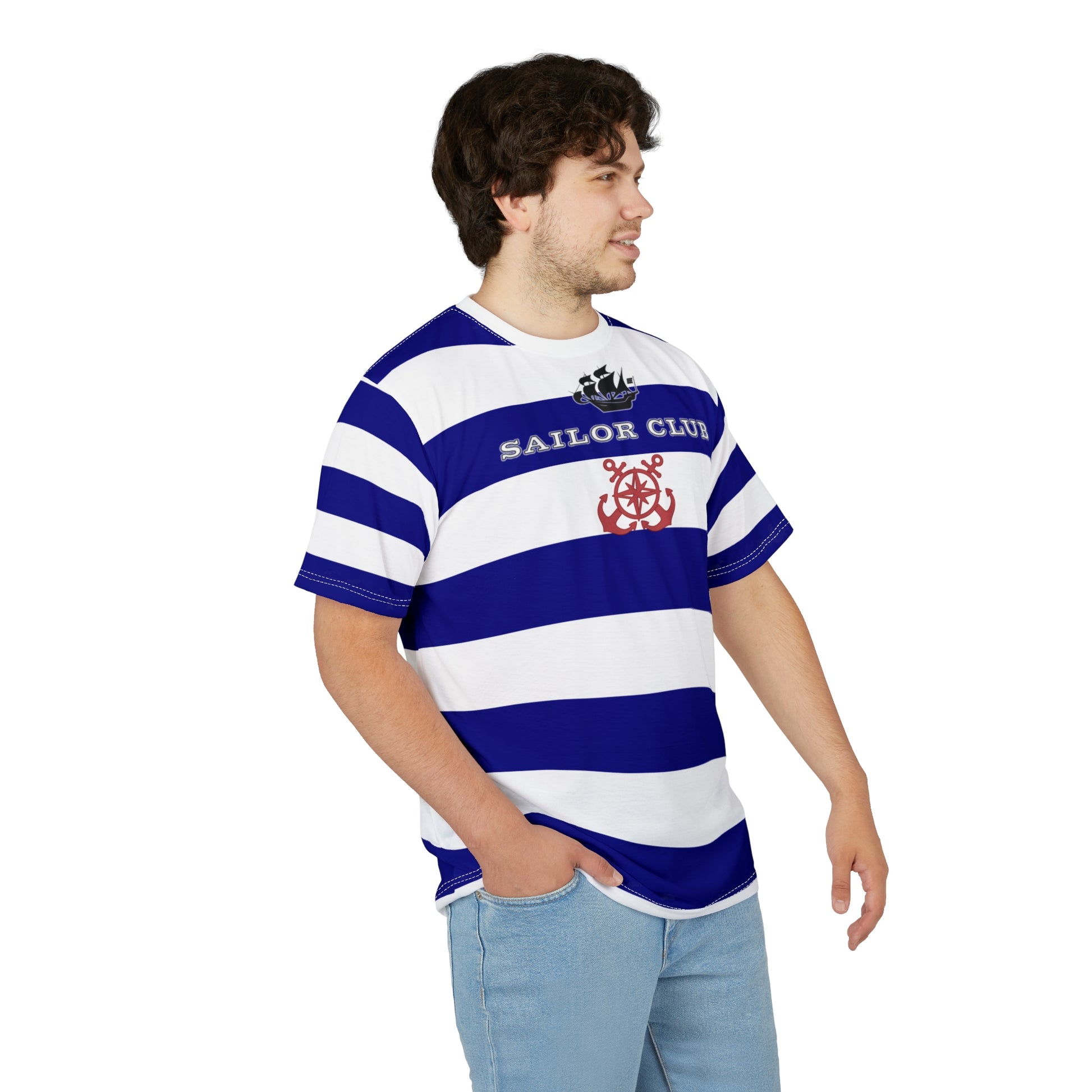 Man wearing a blue and white striped shirt with 'Sailor Club' text and logo on a white background