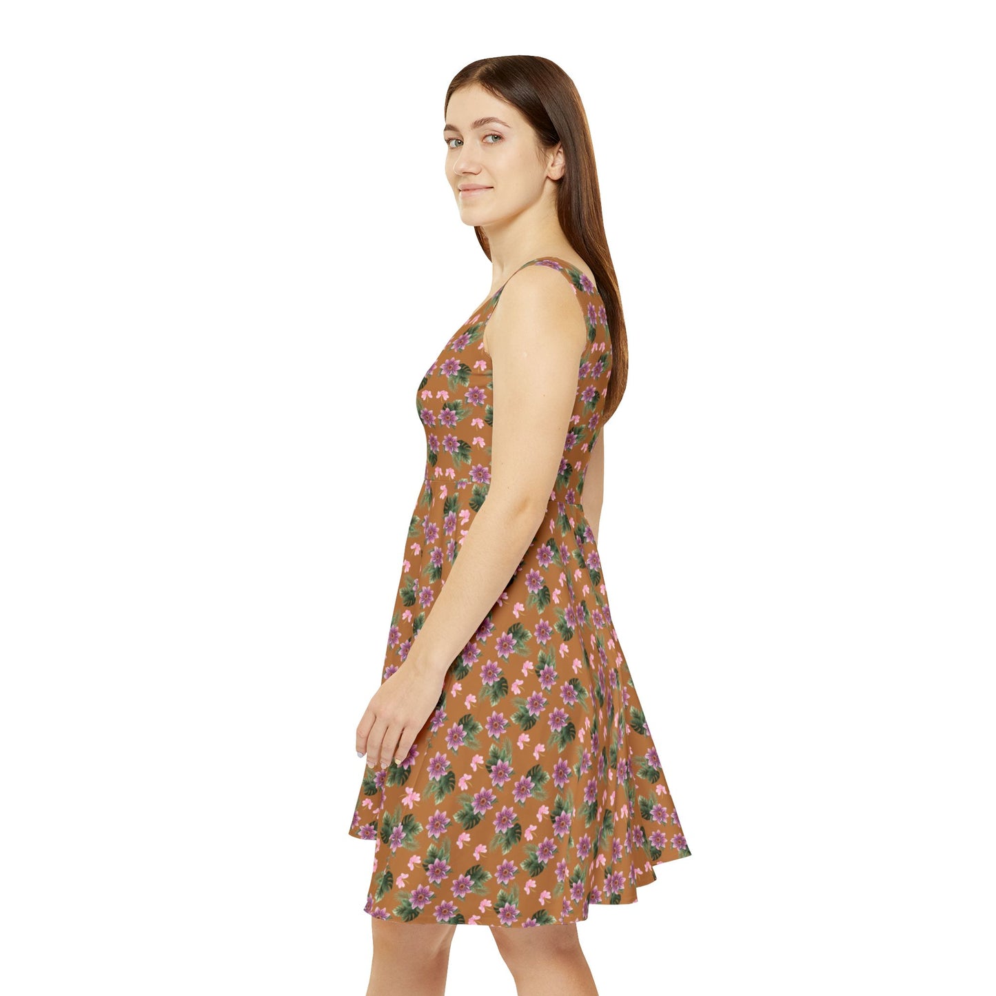 Woman wears the Moni Lee Pink flower summer dress brown left side