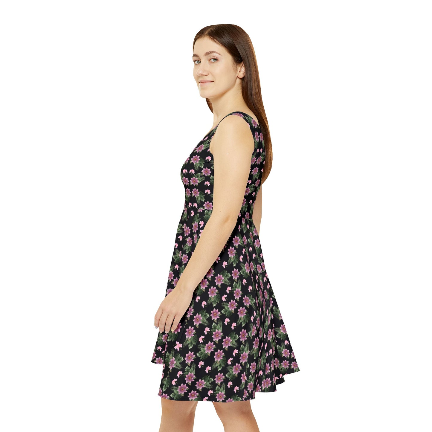 Woman wears the Moni Lee Pink flower summer dress black left side