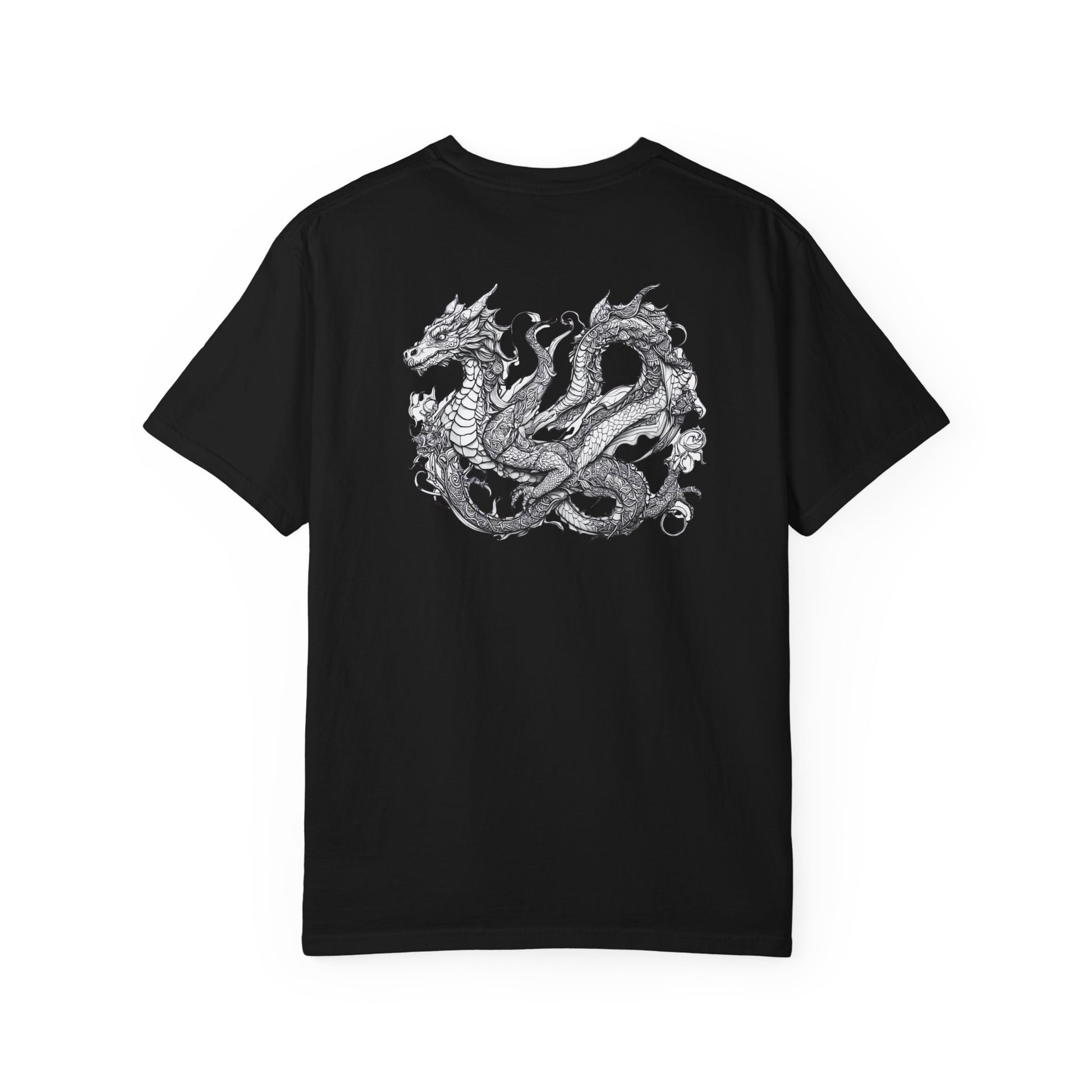 Black t-shirt with a silver dragon design on the back against a white background