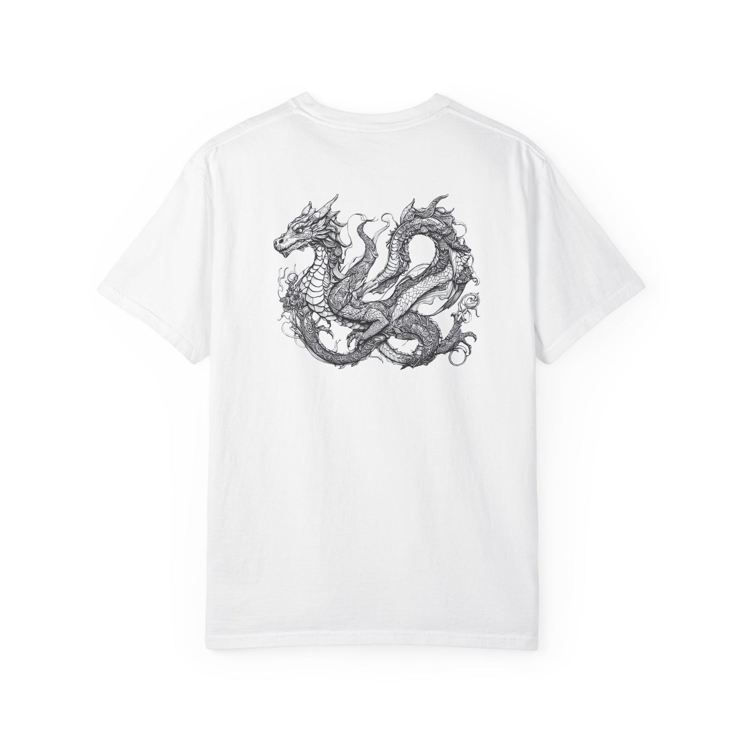 White t-shirt with a black dragon design on the back against a white background