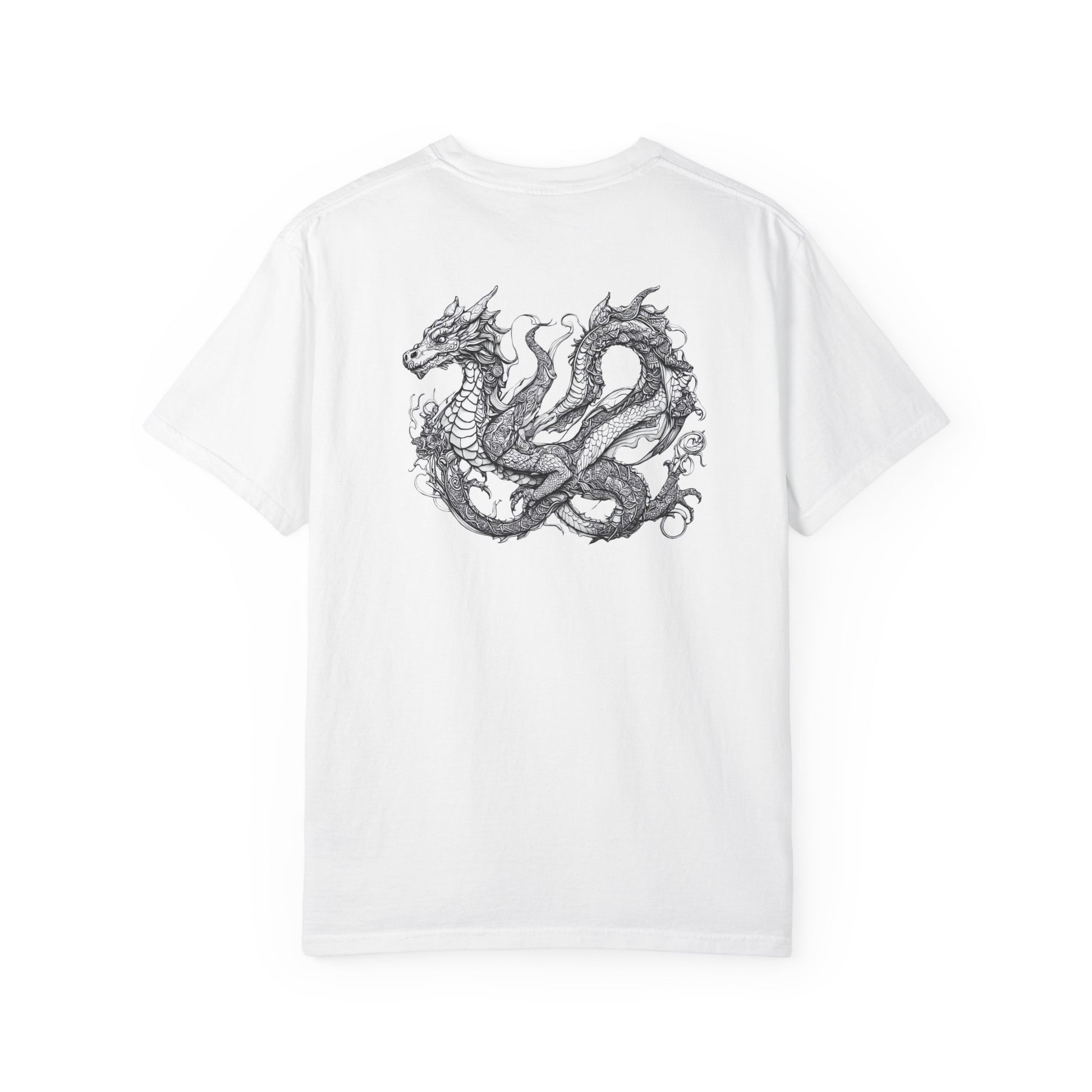 White t-shirt with a black dragon design on the back against a white background
