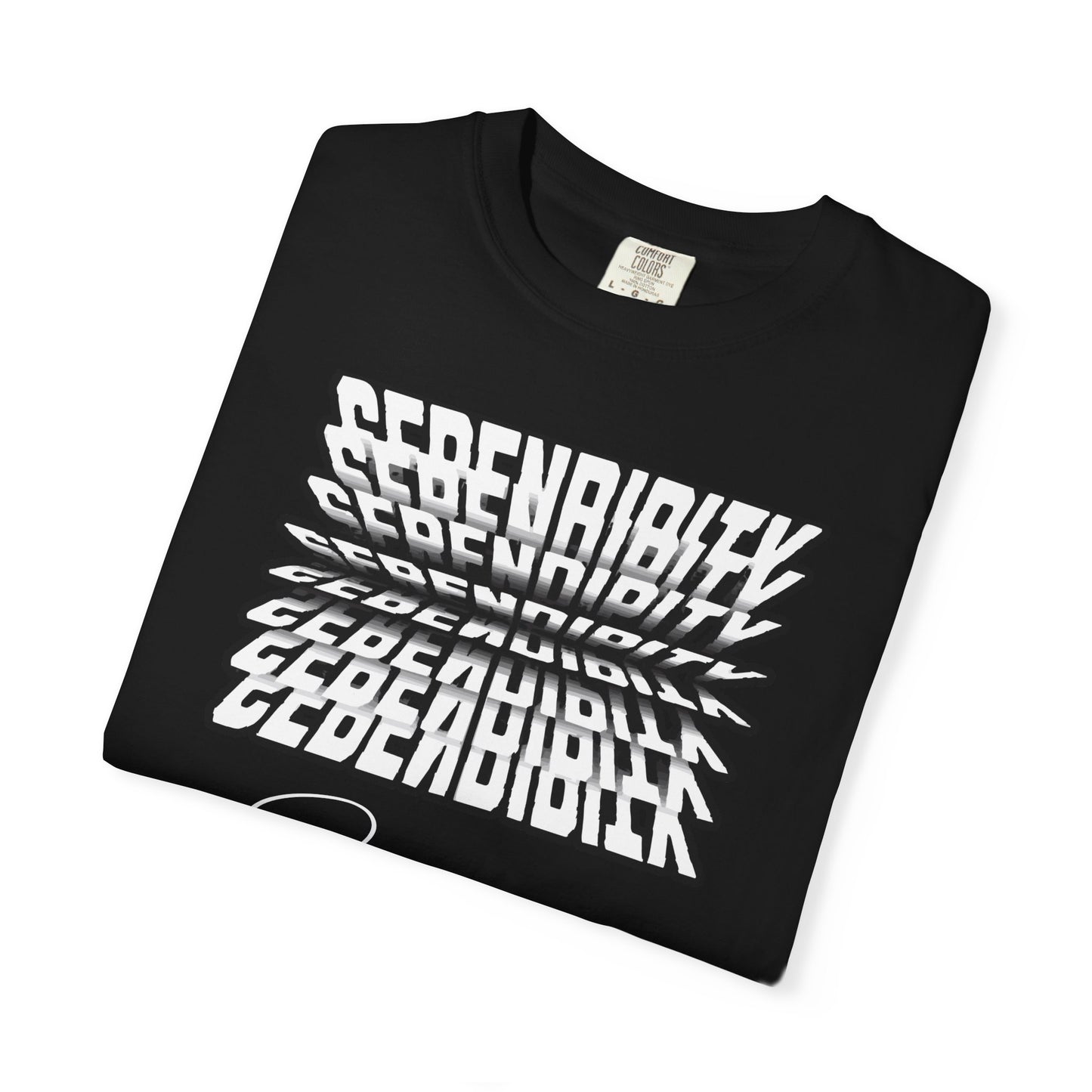 Black t-shirt with white text pattern on a white background