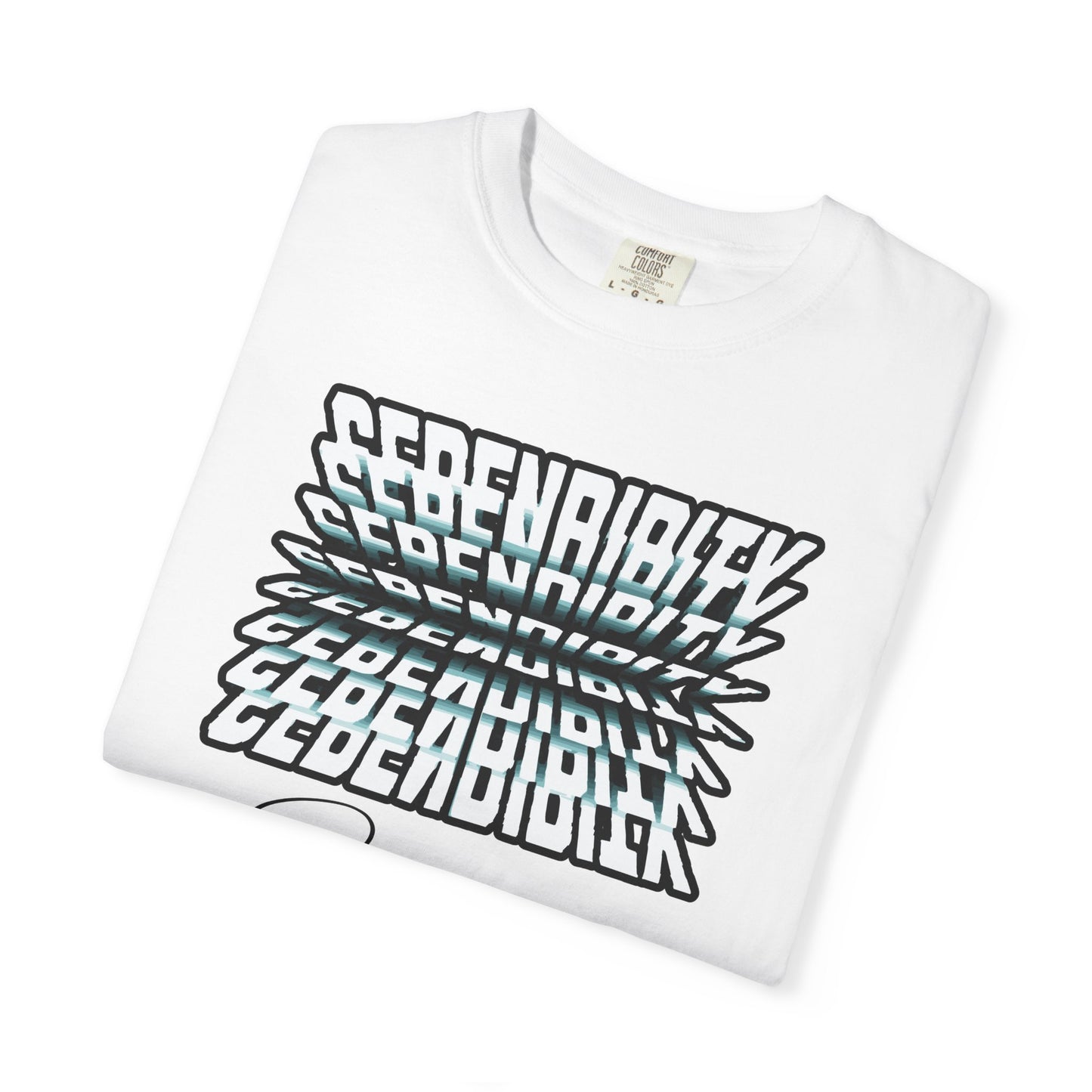 White t-shirt with black and blue text design on a white background