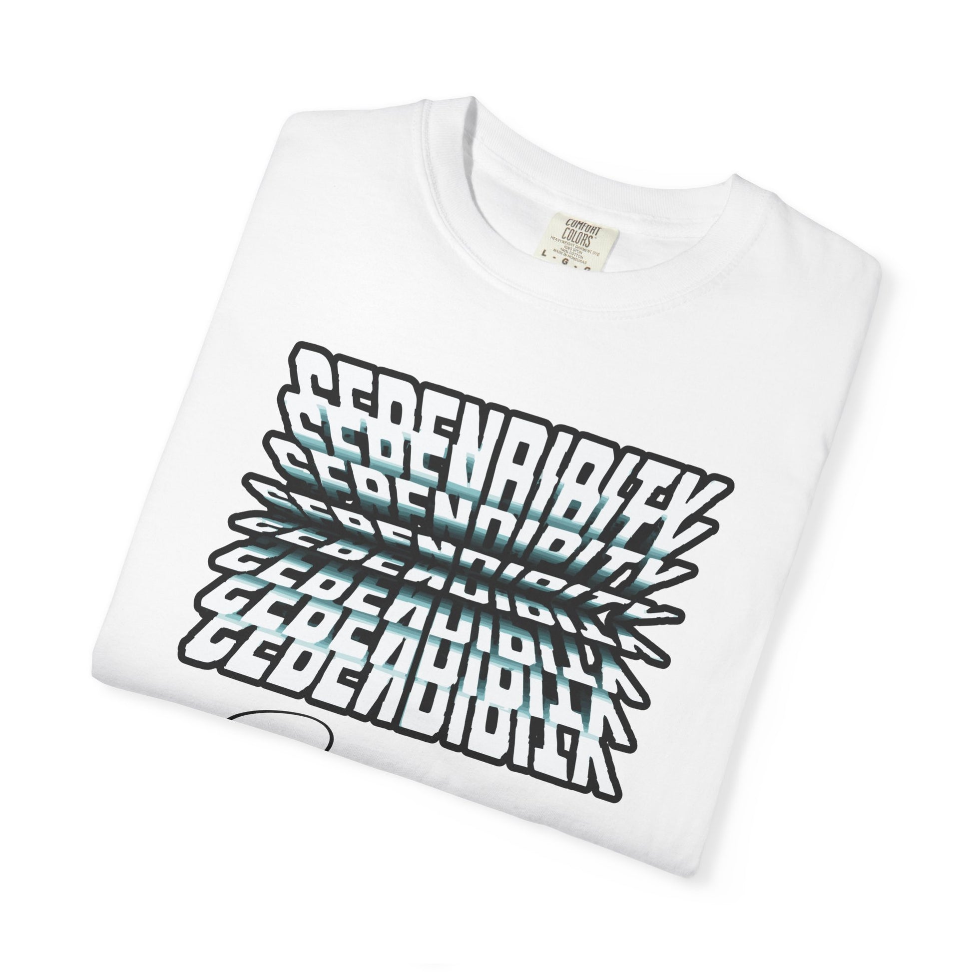 White t-shirt with black and blue text design on a white background