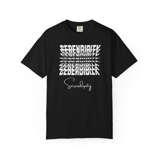 Black t-shirt with white text on a white background