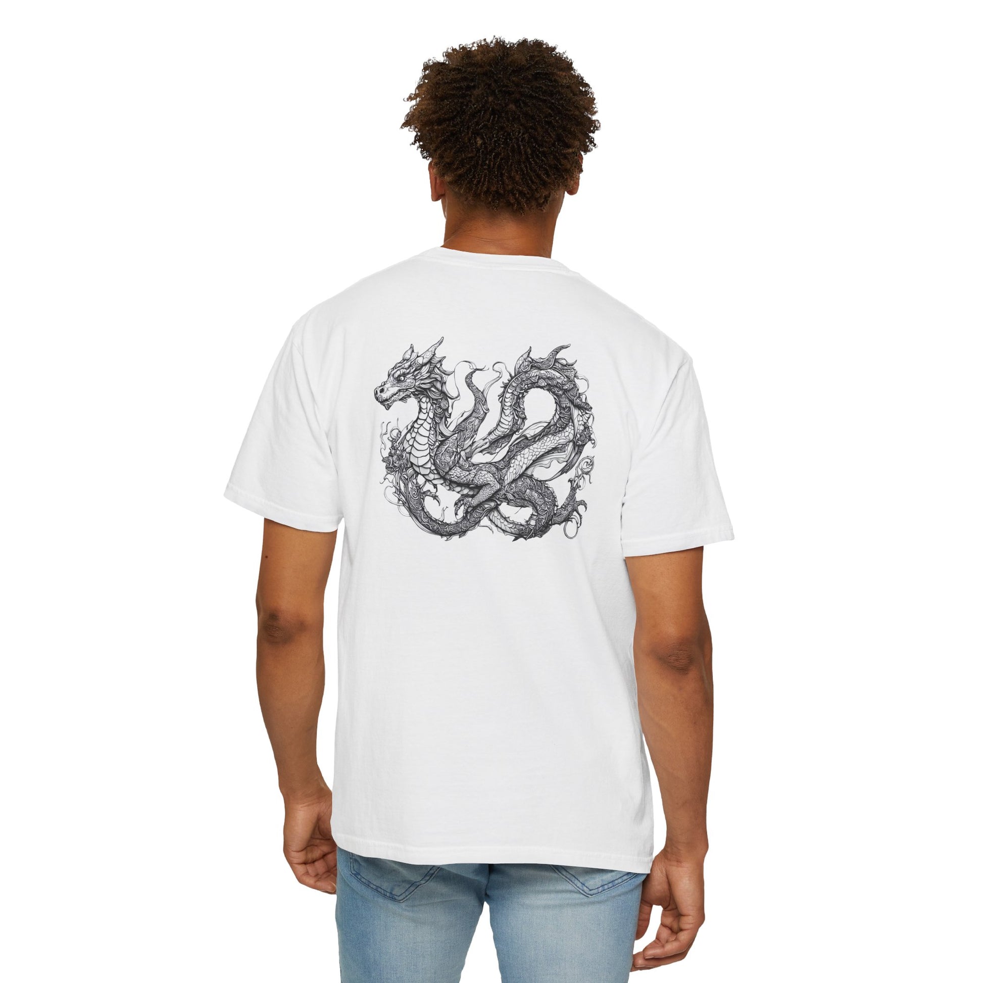 Person wearing a white t-shirt with a dragon design on the back, standing against a white background.