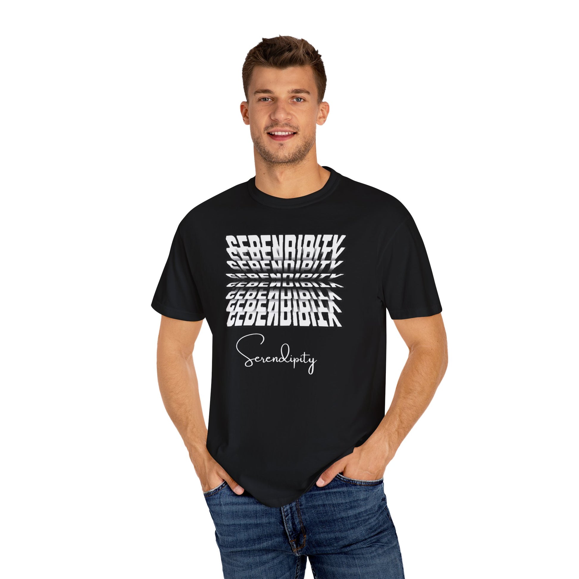 Man wearing a black t-shirt with white text on a white background