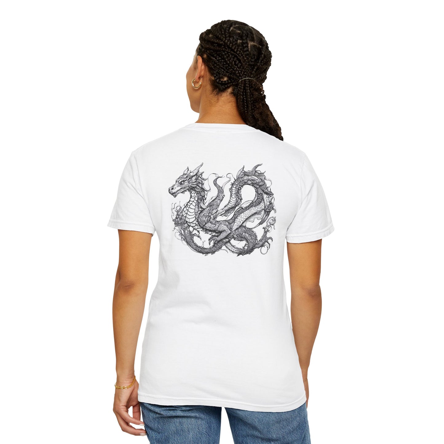 Person wearing a white t-shirt with a dragon design on the back, standing against a white background
