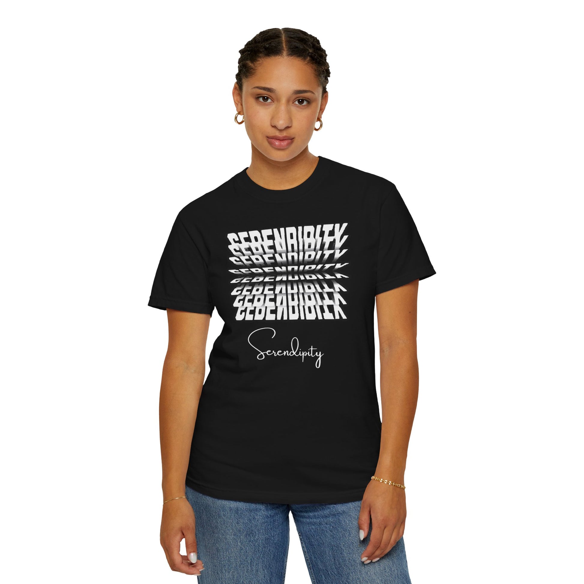 Person wearing a black t-shirt with 'Serendipity' printed multiple times on a white background