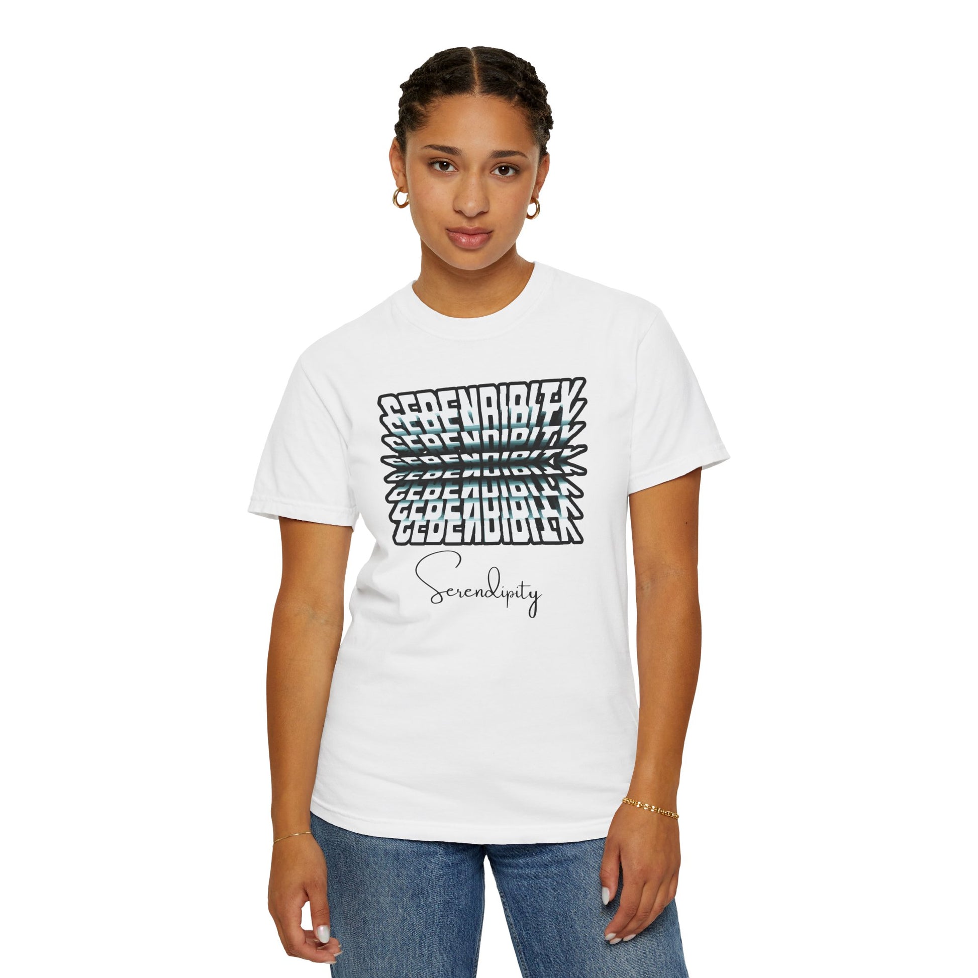 Person wearing a white t-shirt with black graphic design on a white background