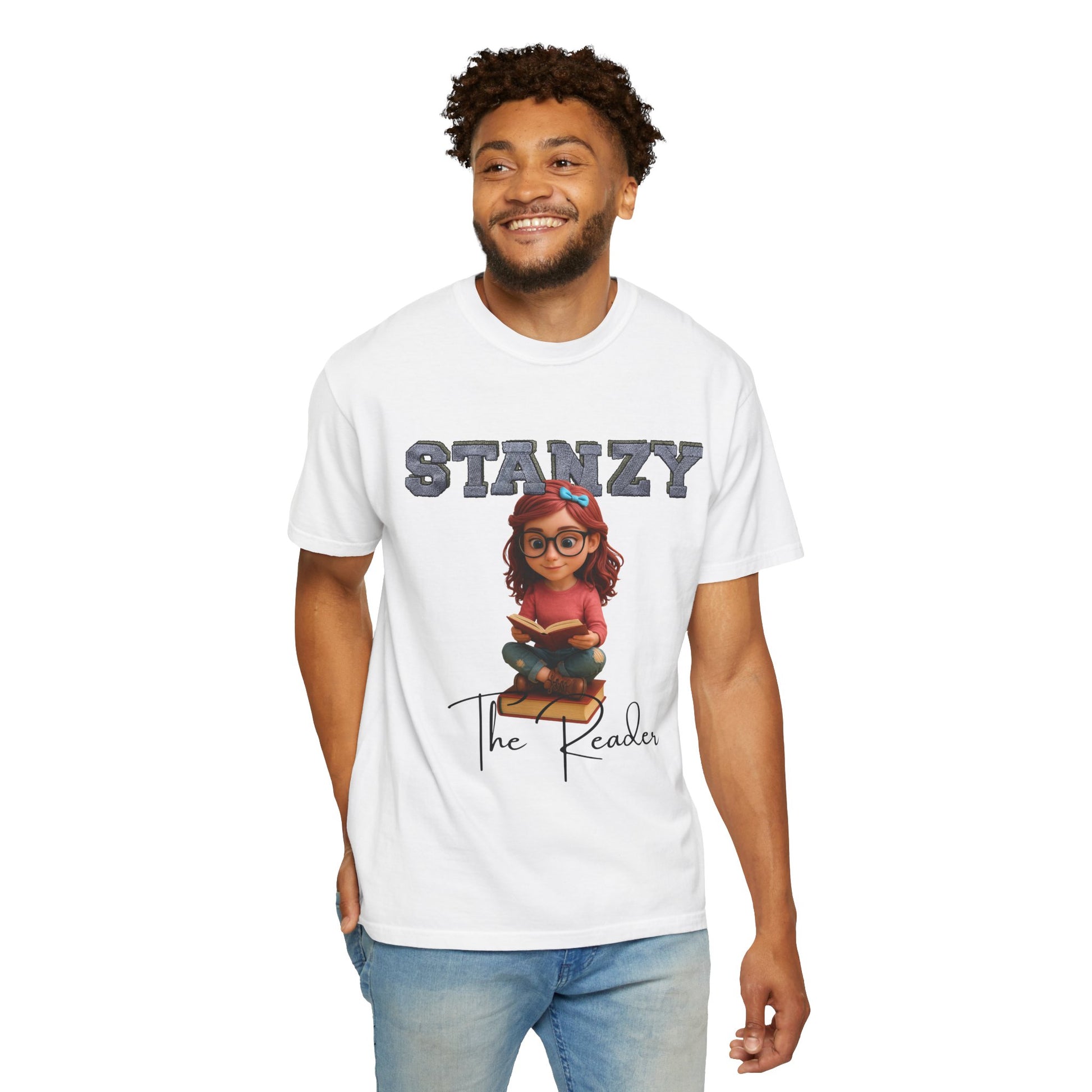 Man wearing a white t-shirt with 'Stanzy The Reader' graphic design on a white background