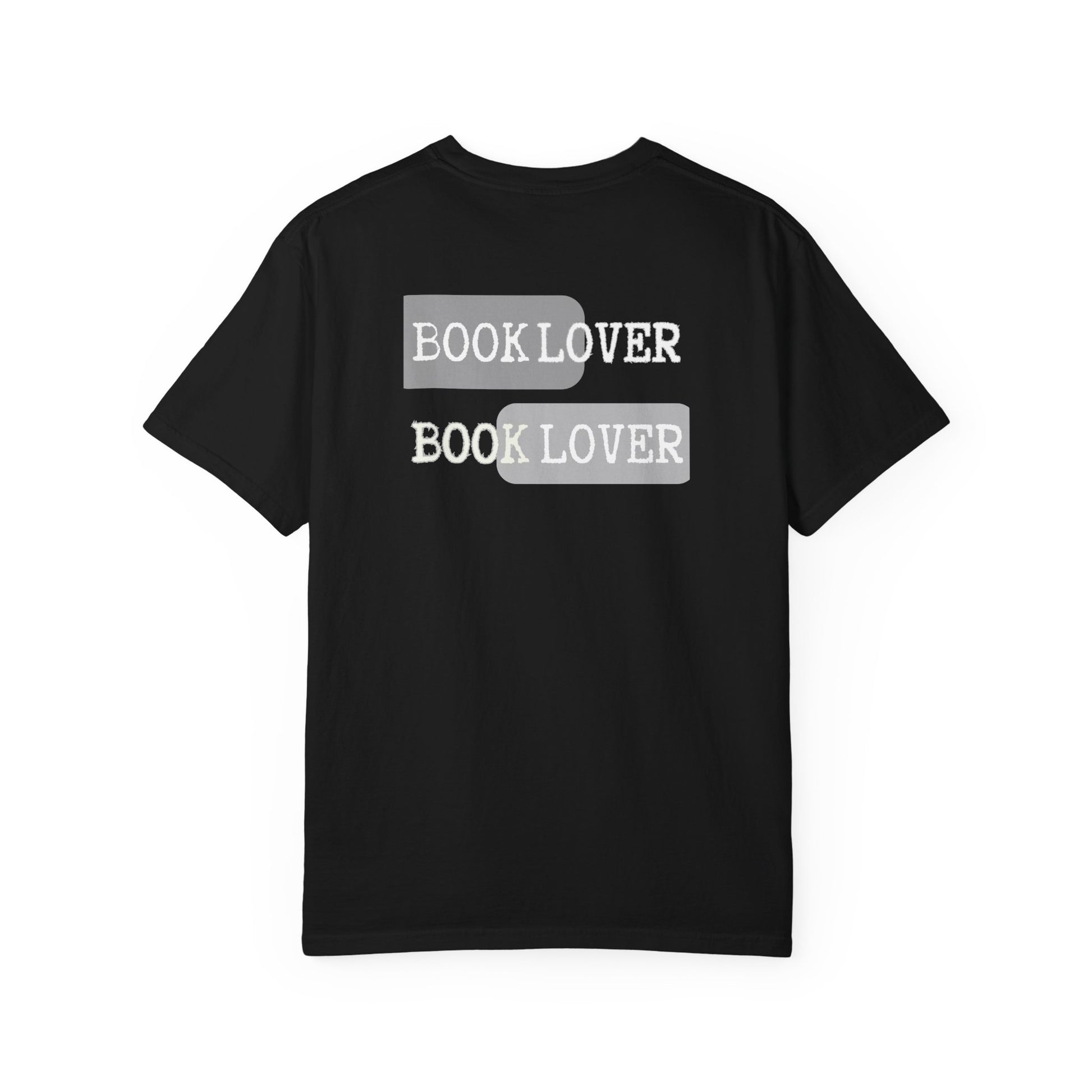 Black t-shirt with 'BOOK LOVER' text on a white background