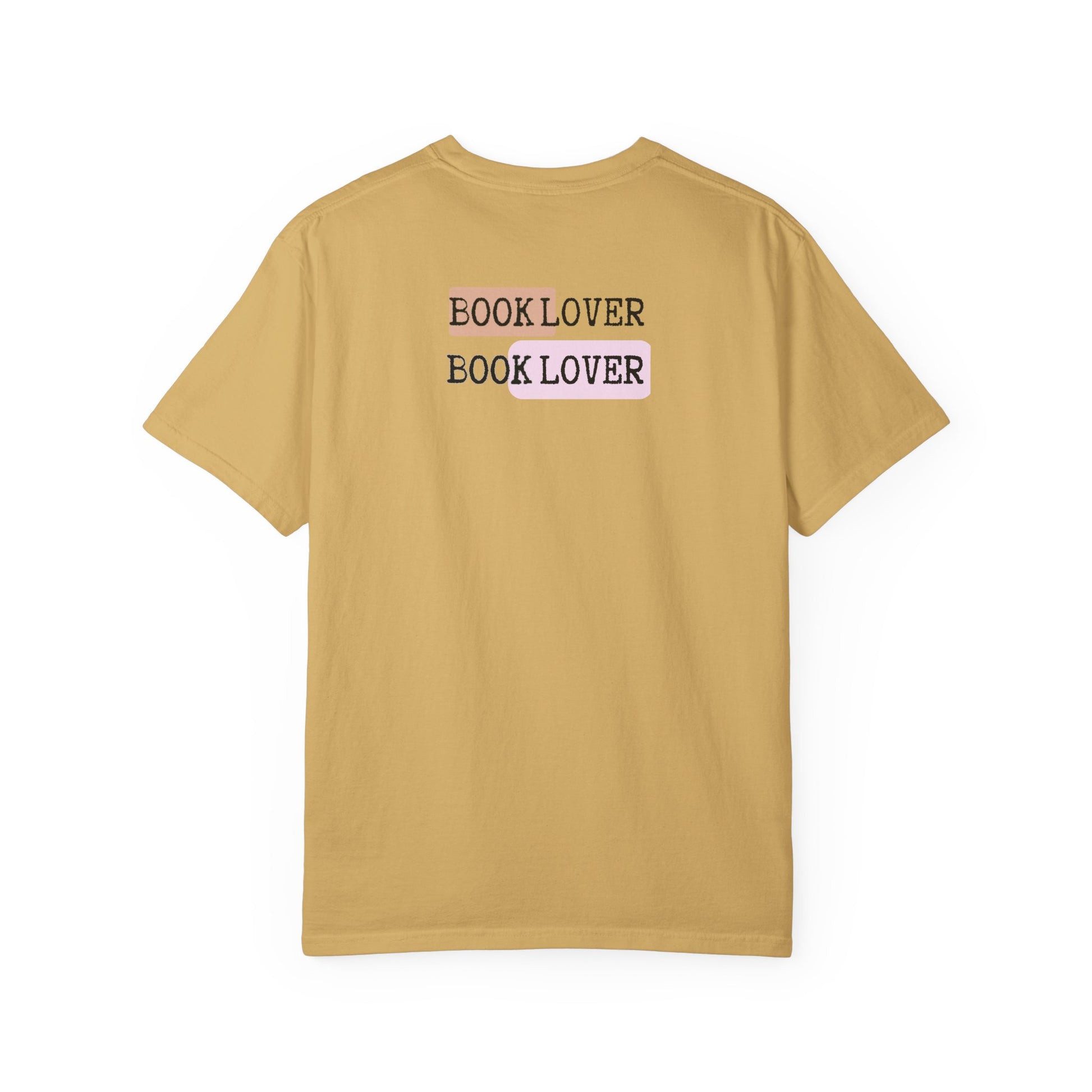 Yellow t-shirt with 'BOOK LOVER' text on a white background